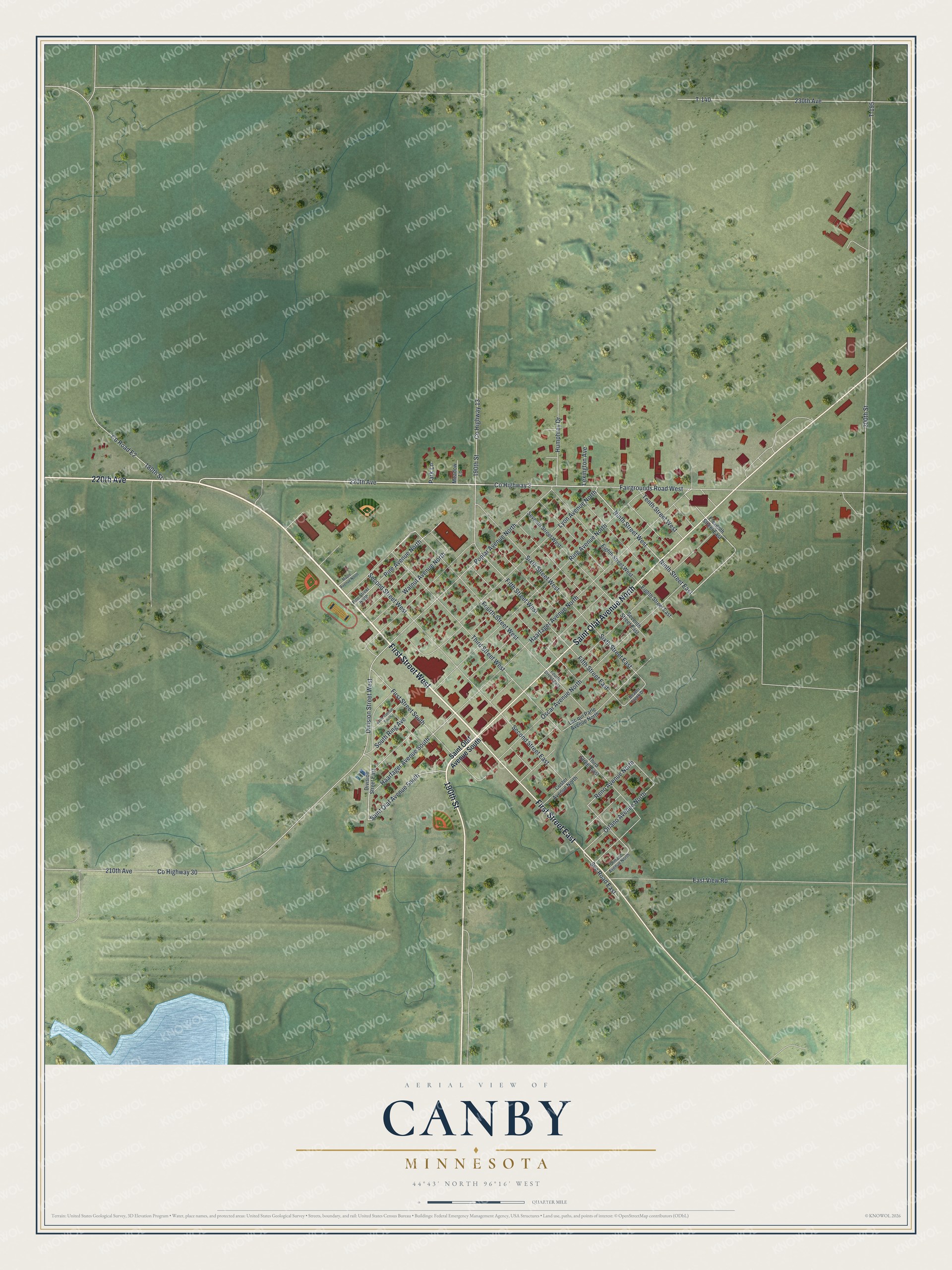 Full map of Canby, Minnesota, with red buildings, printed street names and the land around them