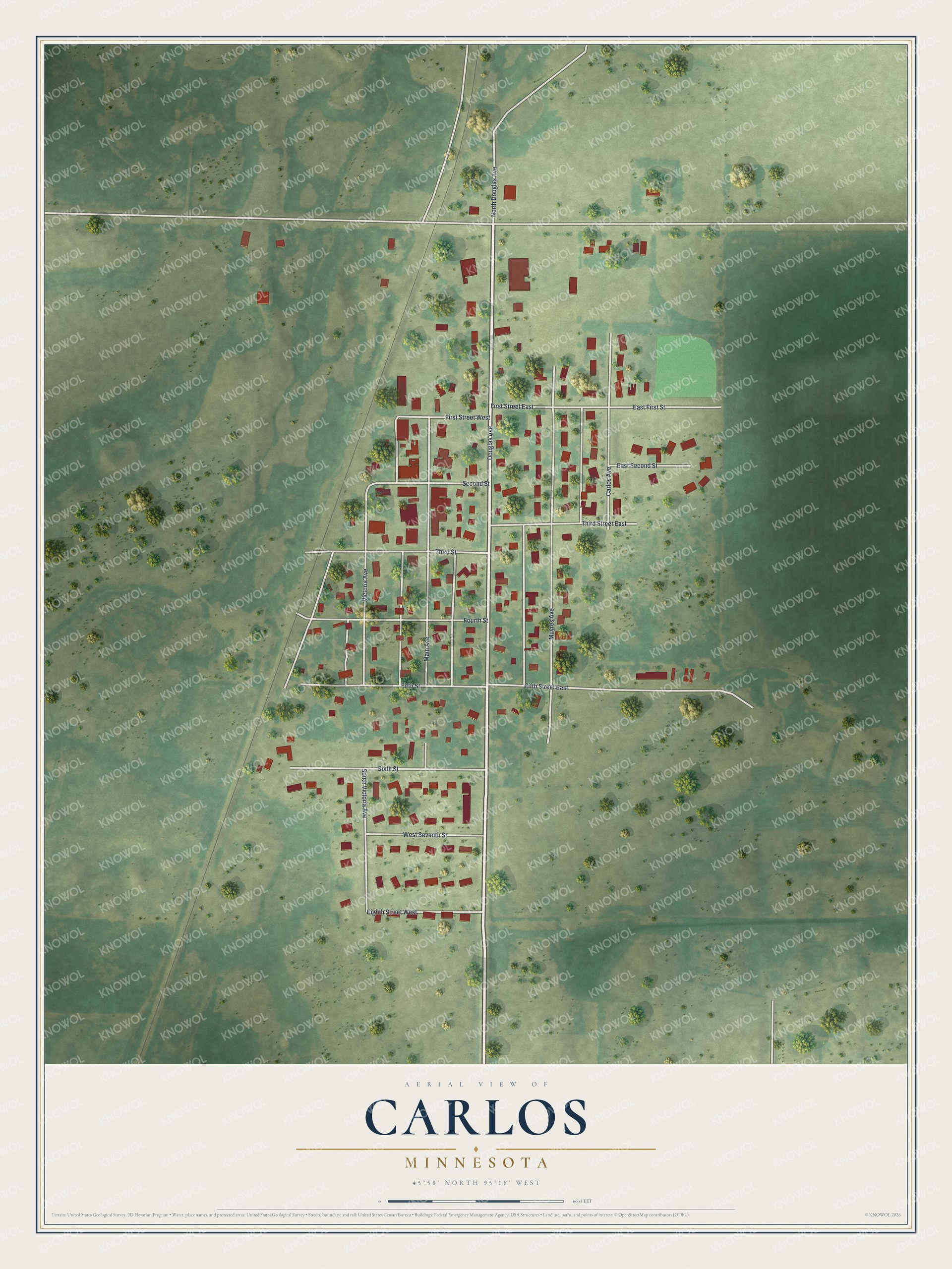 Full map of Carlos, Minnesota, with red buildings, printed street names and the land around them