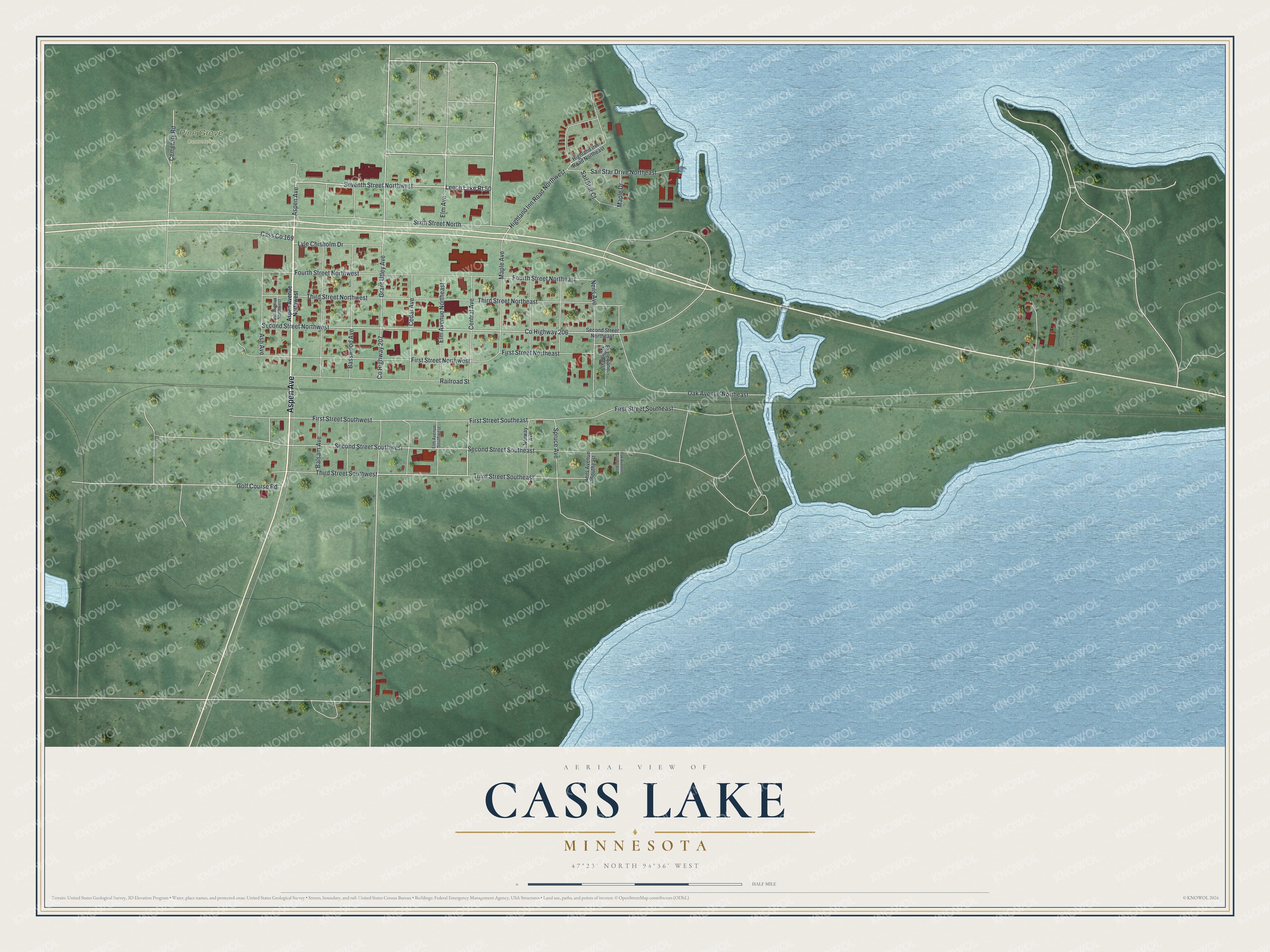 Full map of Cass Lake, Minnesota, with red buildings, printed street names and the land around them