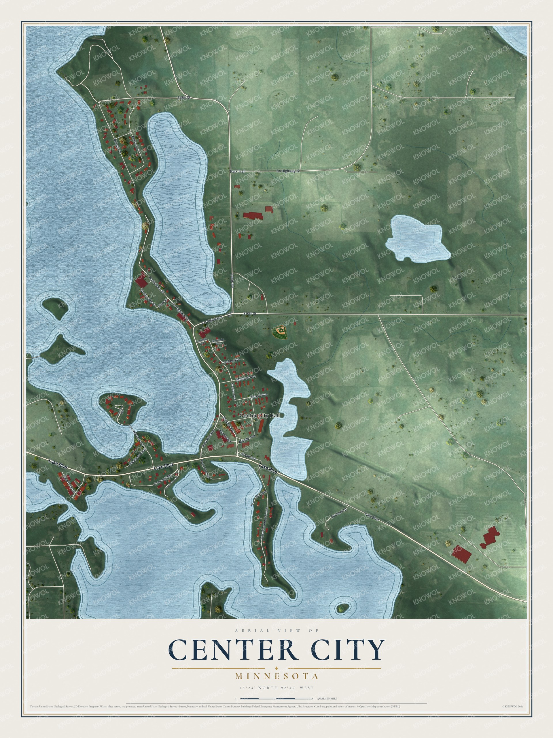 Full map of Center City, Minnesota, with red buildings, printed street names and the land around them
