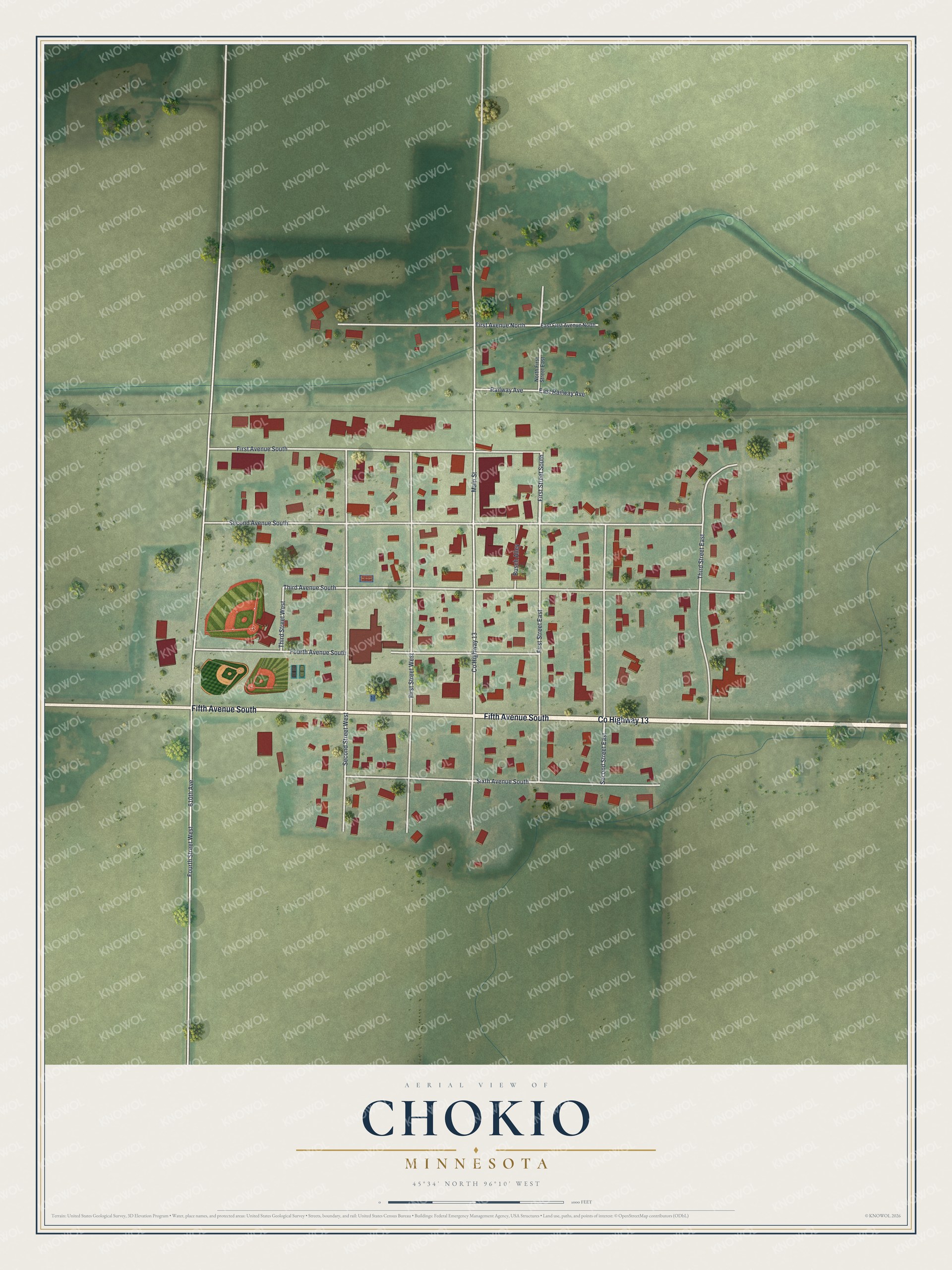 Full map of Chokio, Minnesota, with red buildings, printed street names and the land around them