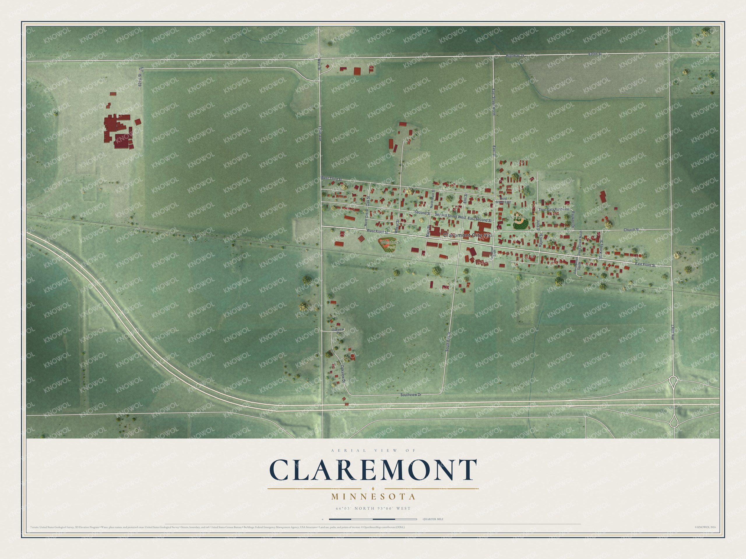 Full map of Claremont, Minnesota, with red buildings, printed street names and the land around them