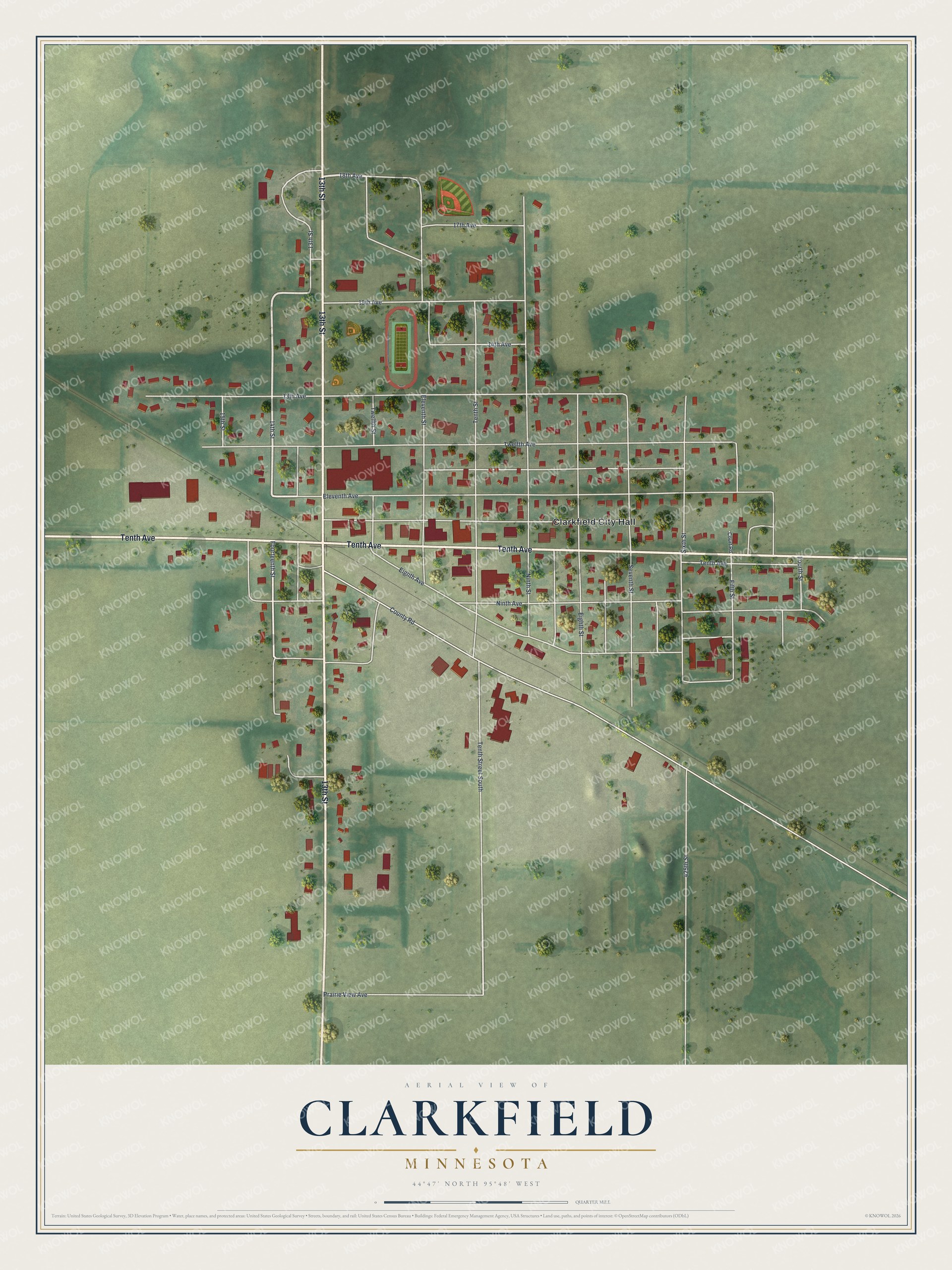 Full map of Clarkfield, Minnesota, with red buildings, printed street names and the land around them