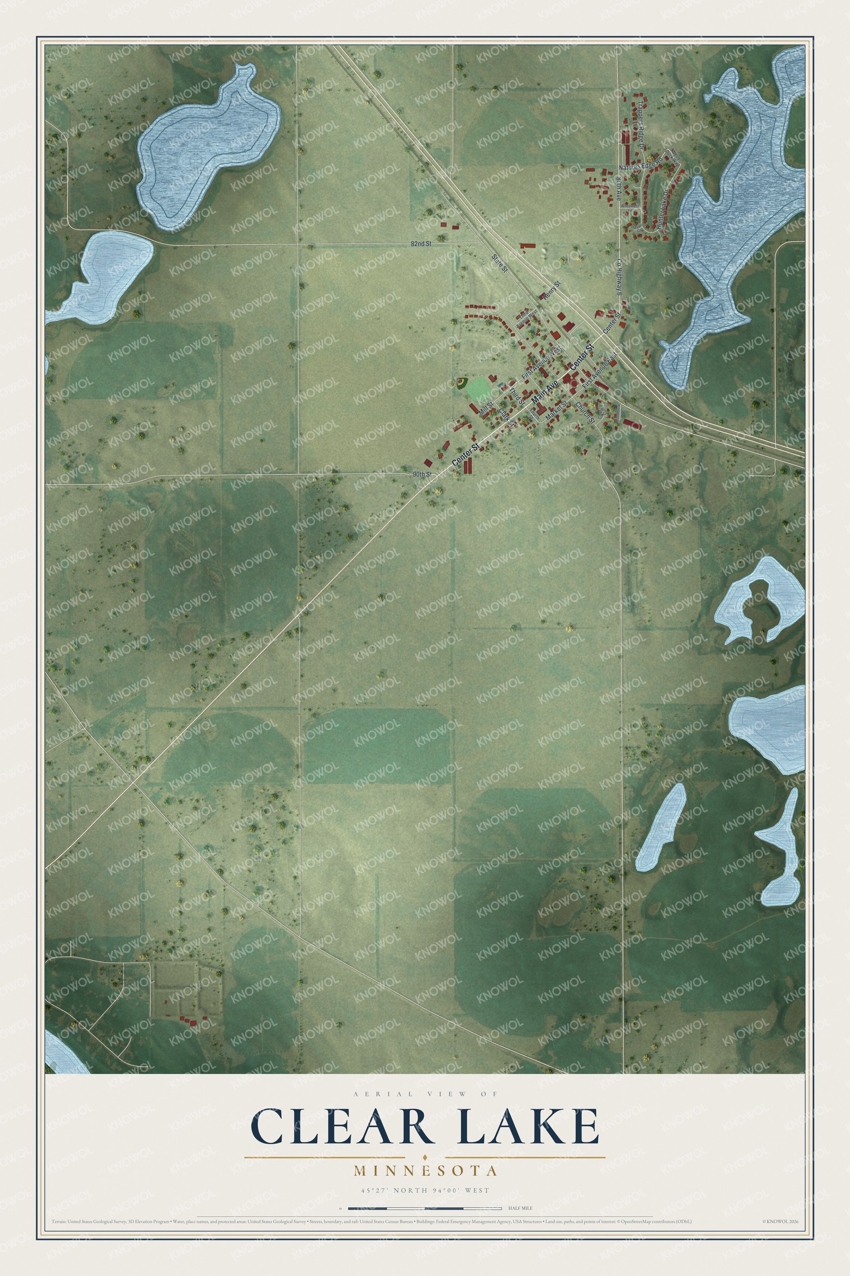 Full map of Clear Lake, Minnesota, with red buildings, printed street names and the land around them
