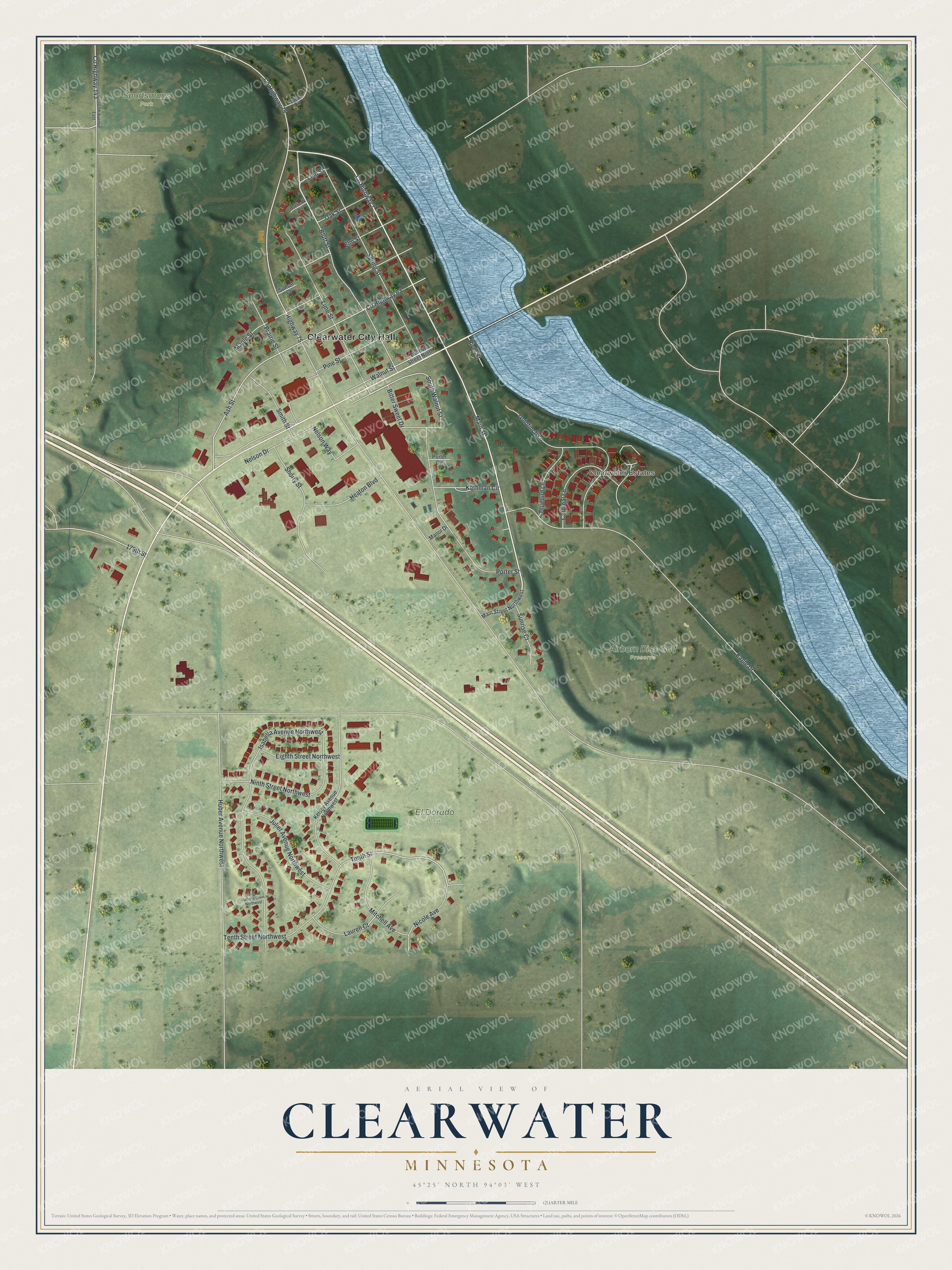 Full map of Clearwater, Minnesota, with red buildings, printed street names and the land around them