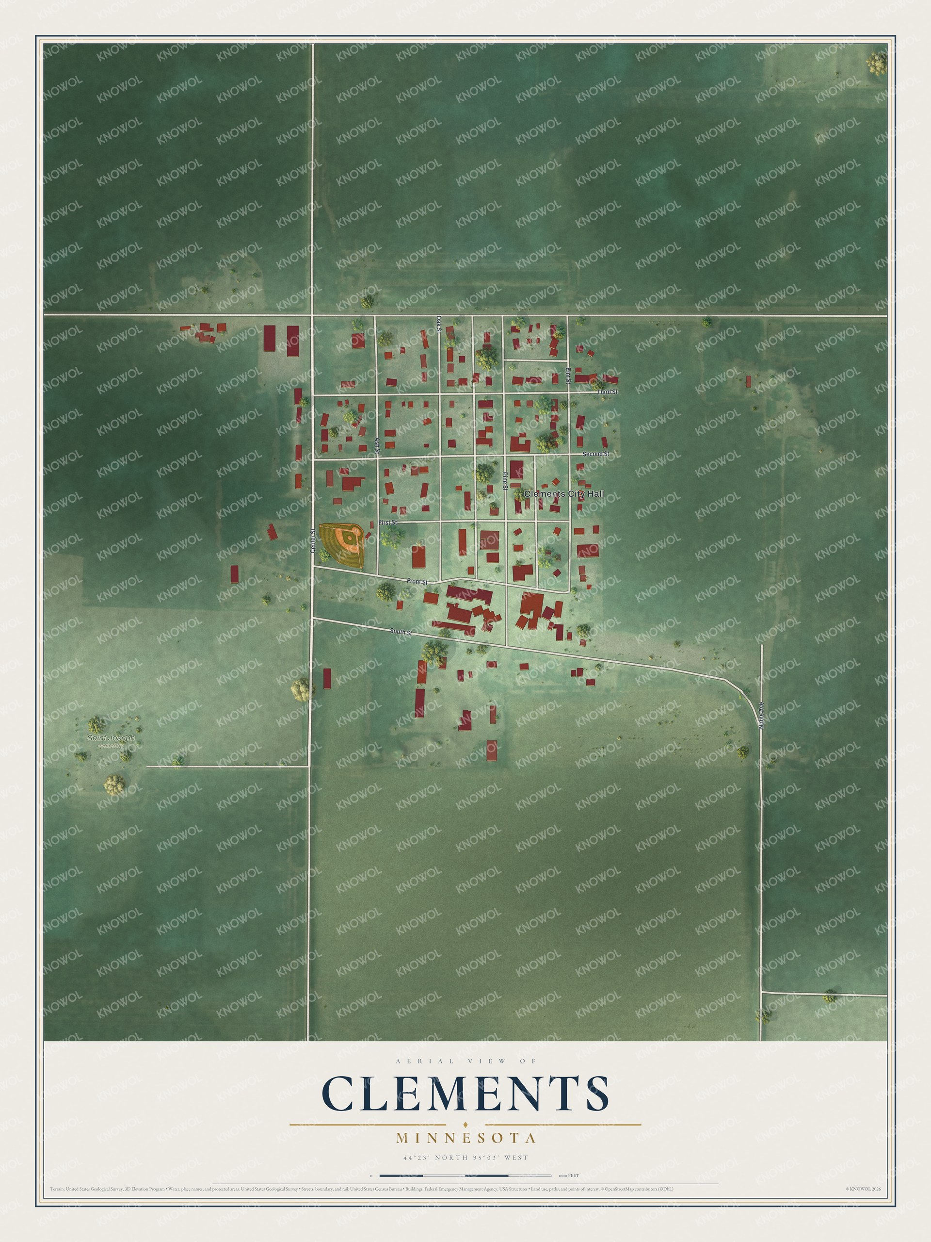 Full map of Clements, Minnesota, with red buildings, printed street names and the land around them