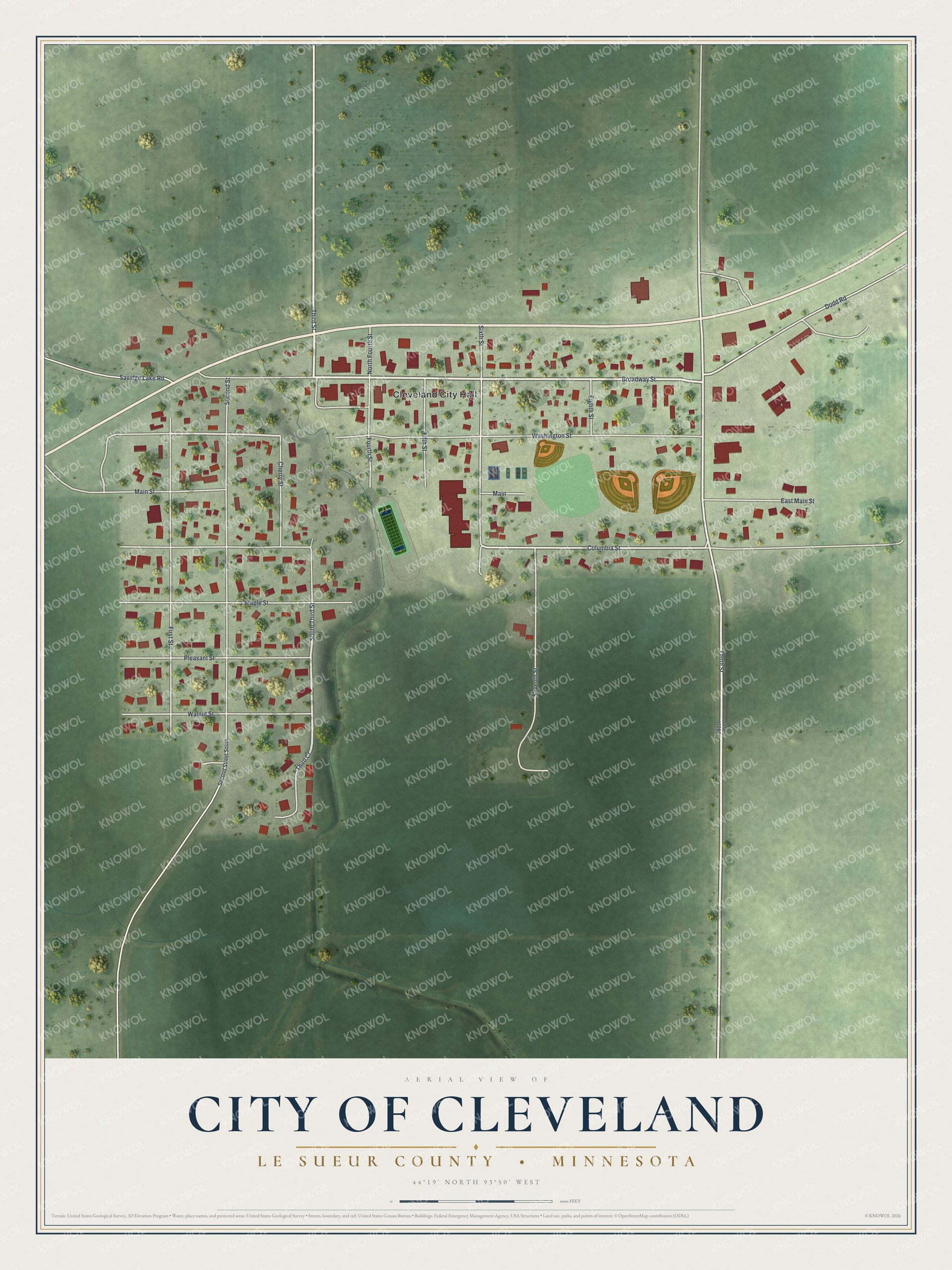 Full map of Cleveland, Minnesota, with red buildings, printed street names and the land around them