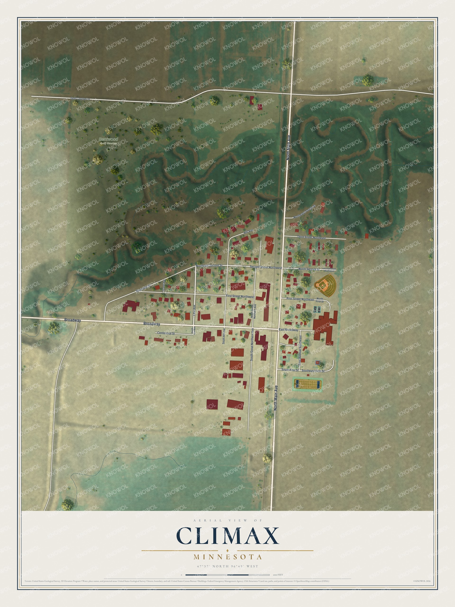 Full map of Climax, Minnesota, with red buildings, printed street names and the land around them