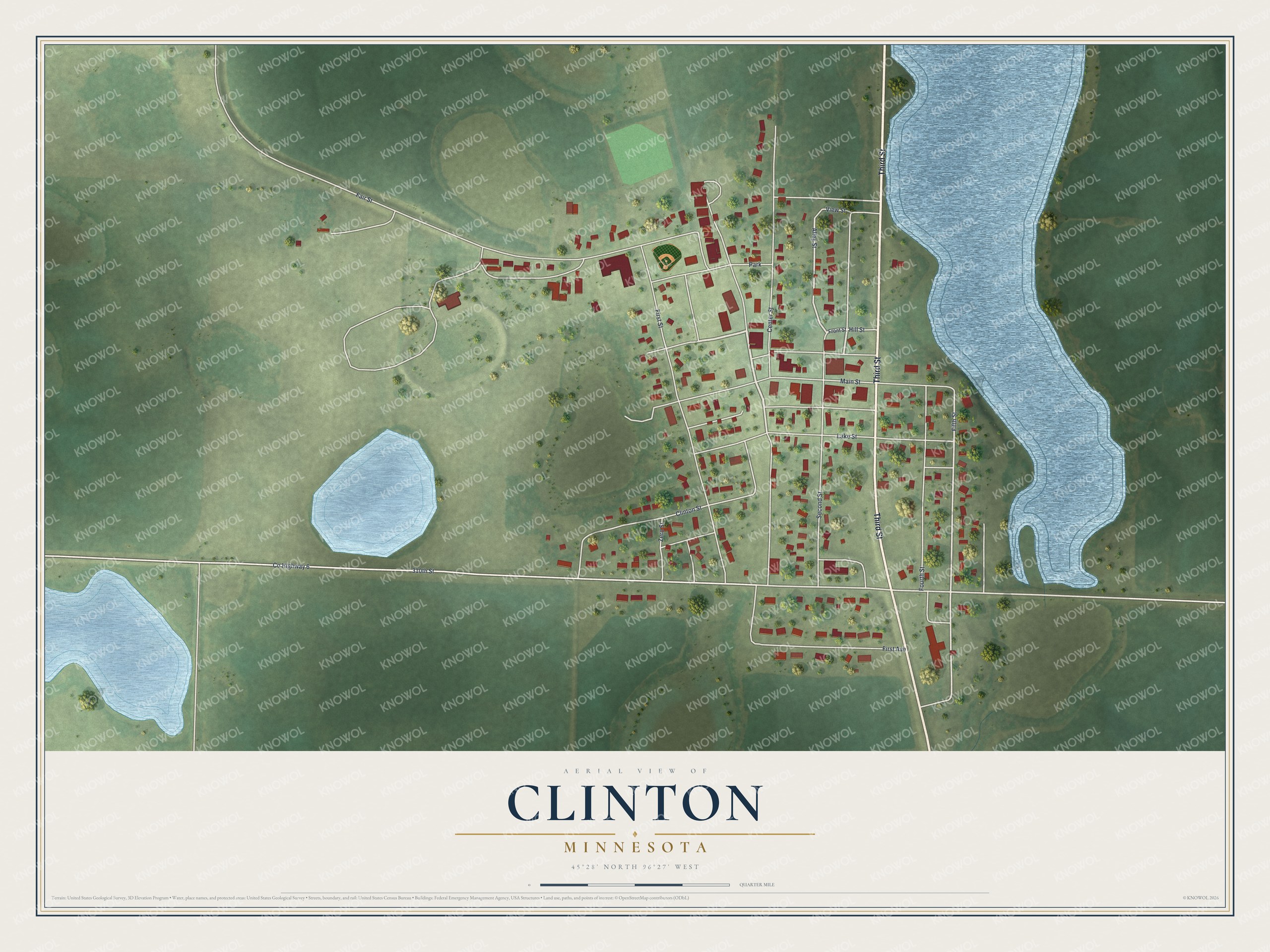 Full map of Clinton, Minnesota, with red buildings, printed street names and the land around them