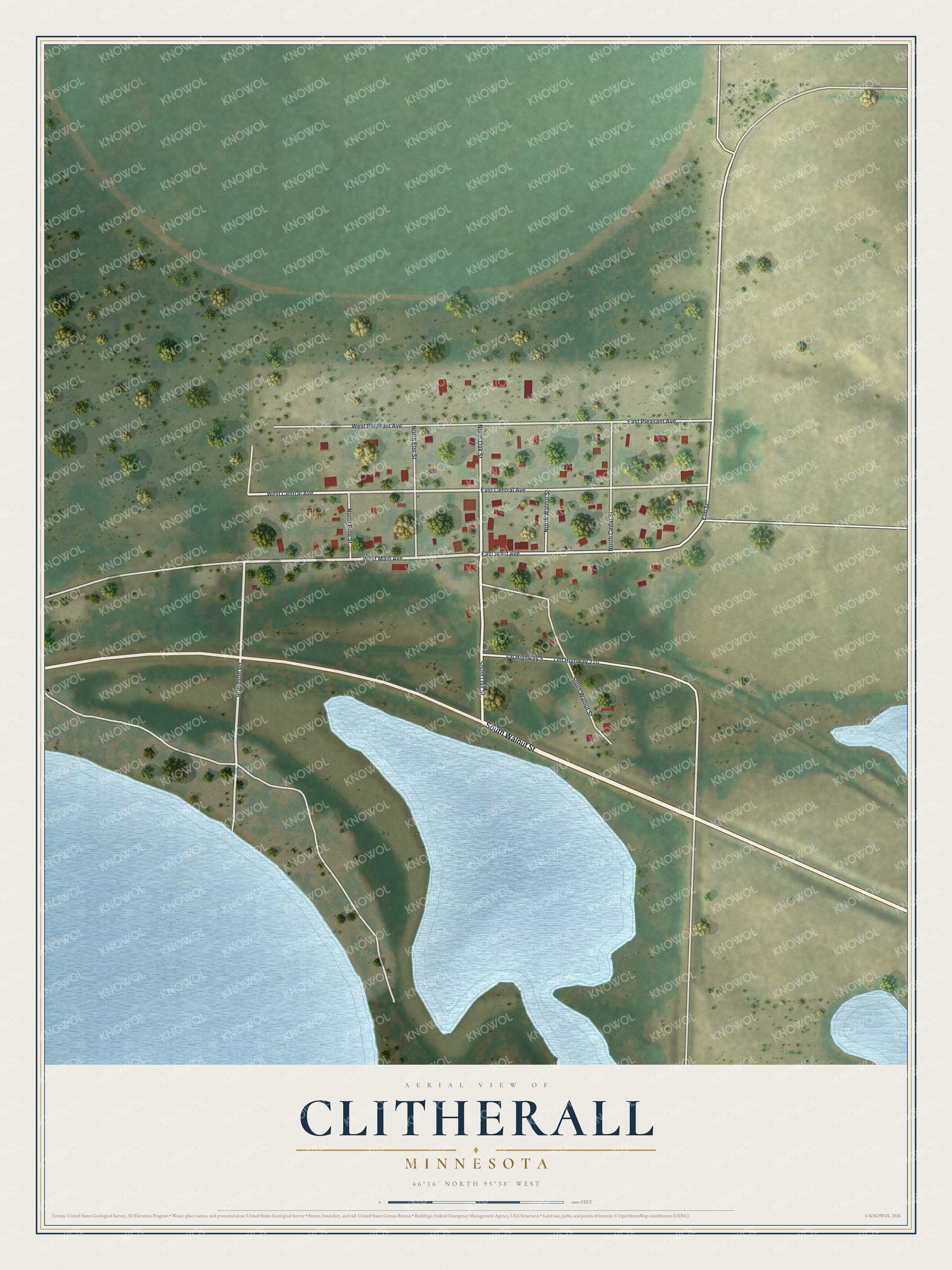 Full map of Clitherall, Minnesota, with red buildings, printed street names and the land around them