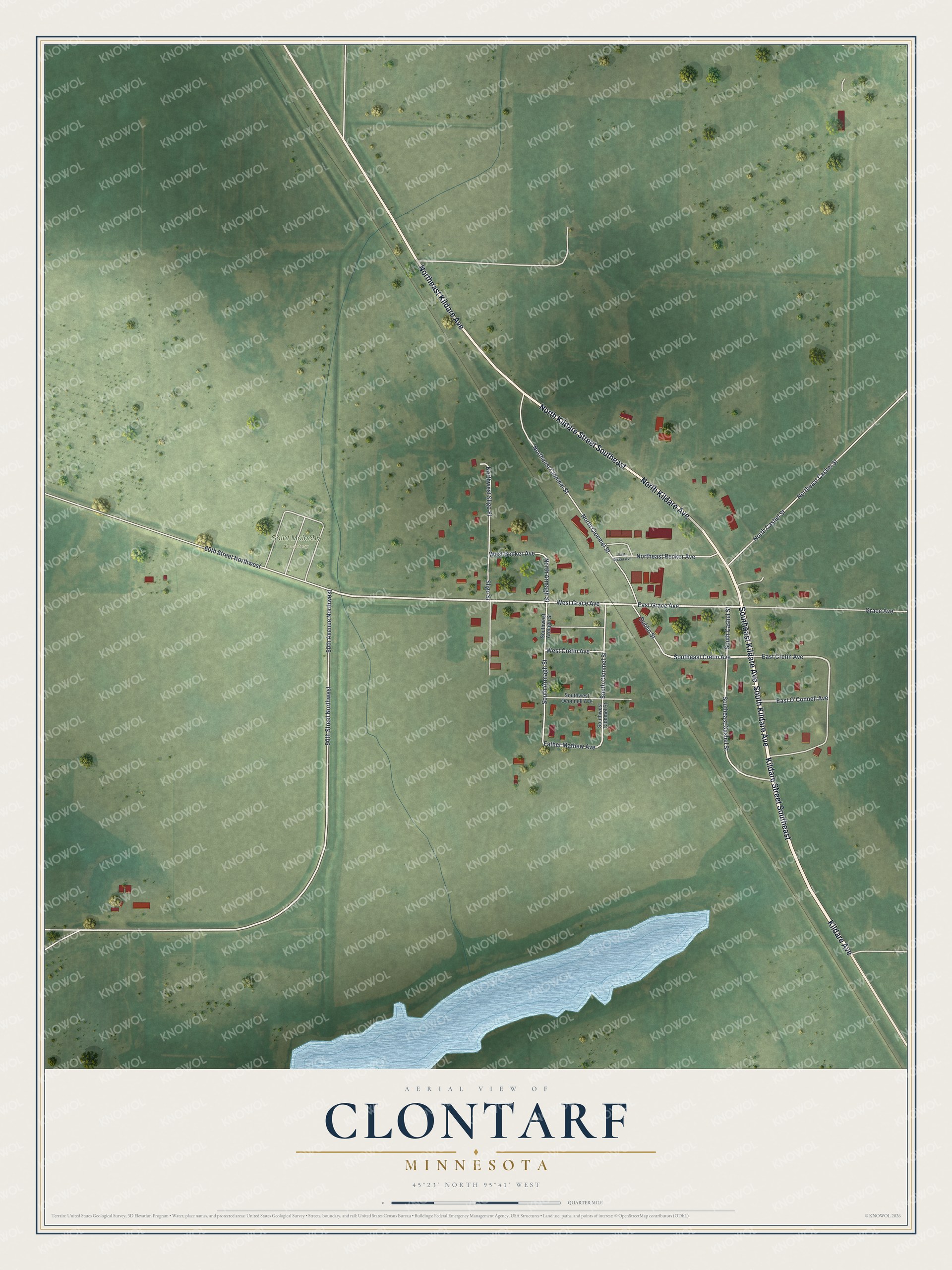 Full map of Clontarf, Minnesota, with red buildings, printed street names and the land around them