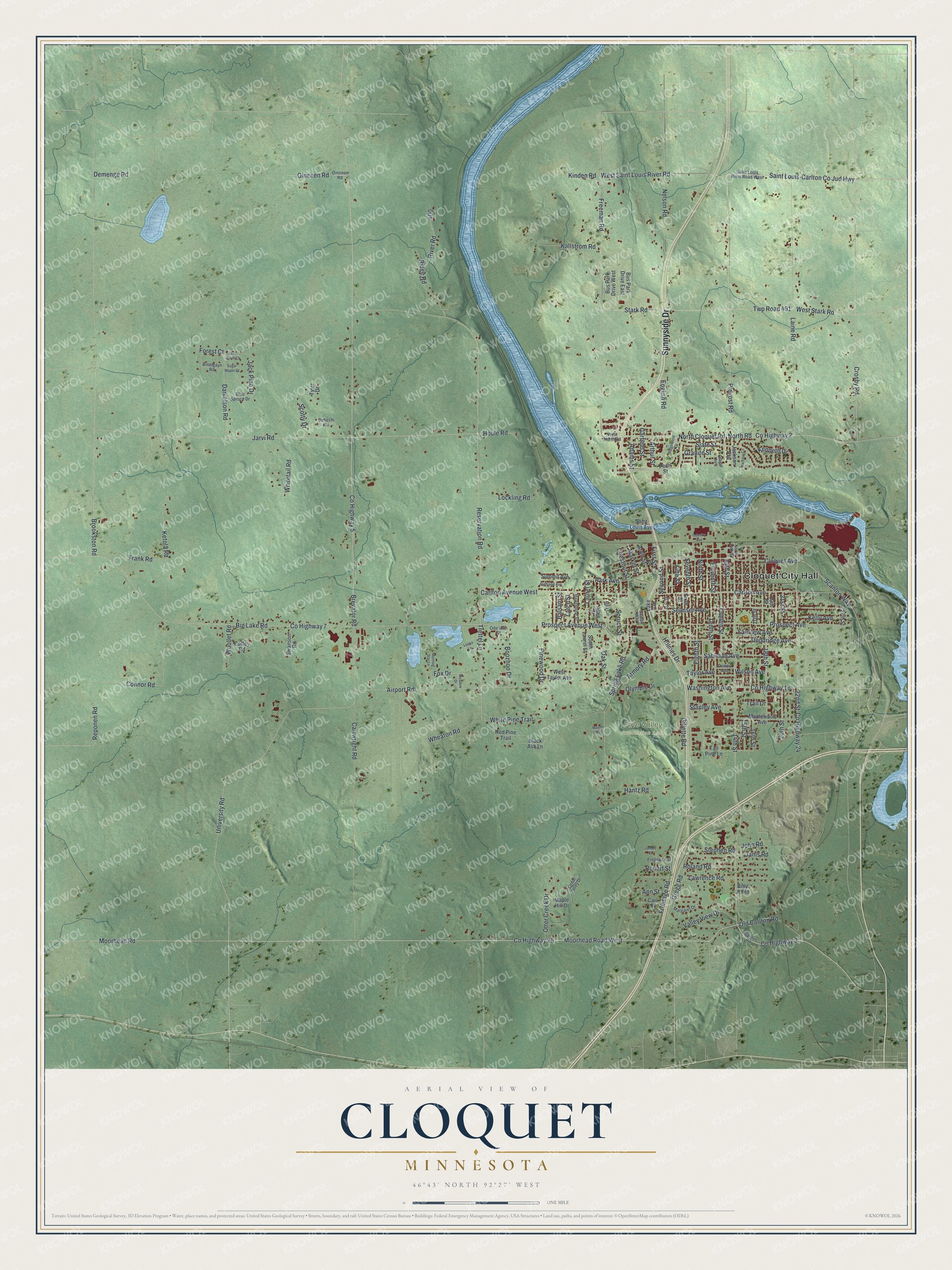 Full map of Cloquet, Minnesota, with red buildings, printed street names and the land around them