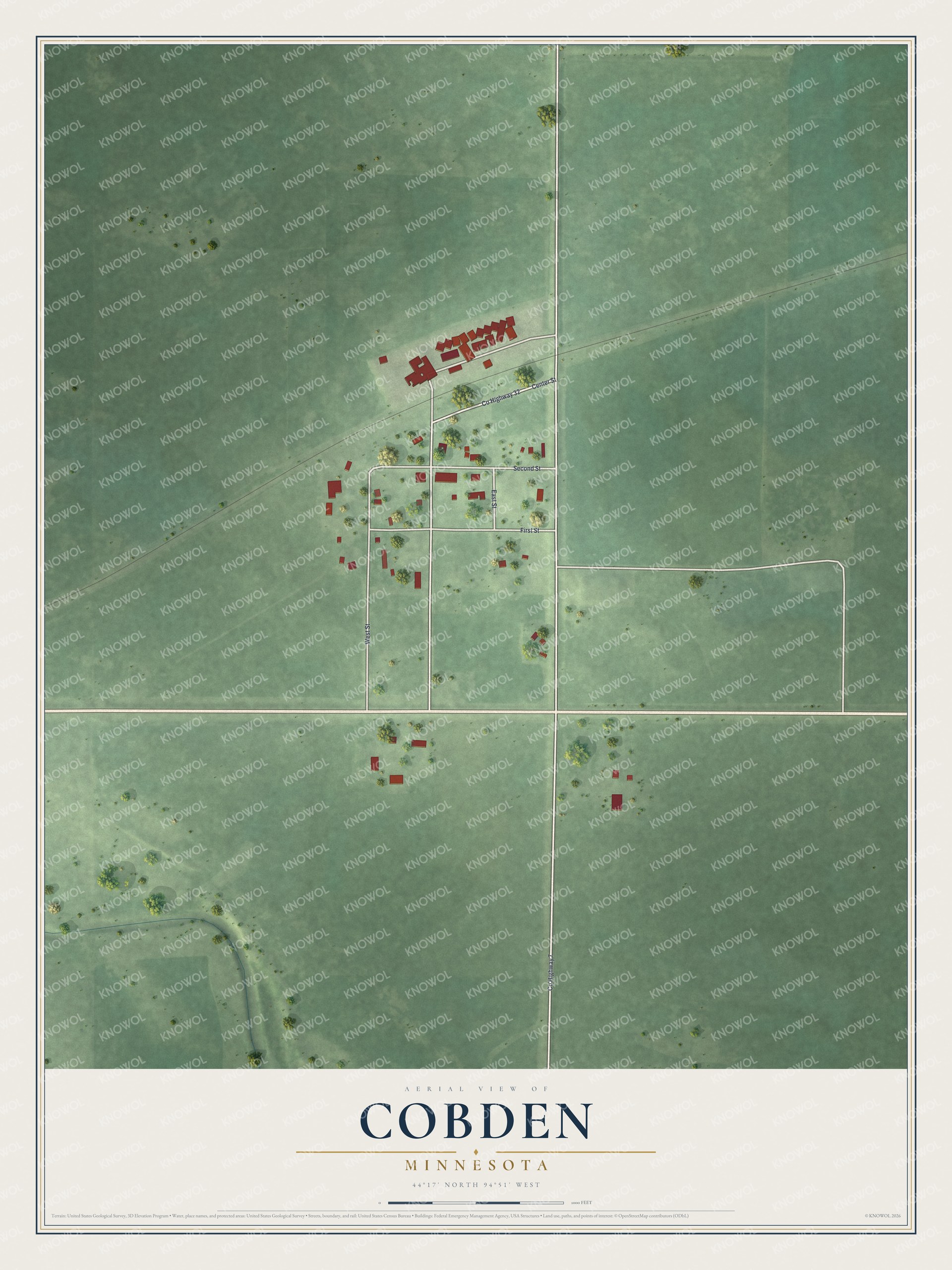 Full map of Cobden, Minnesota, with red buildings, printed street names and the land around them