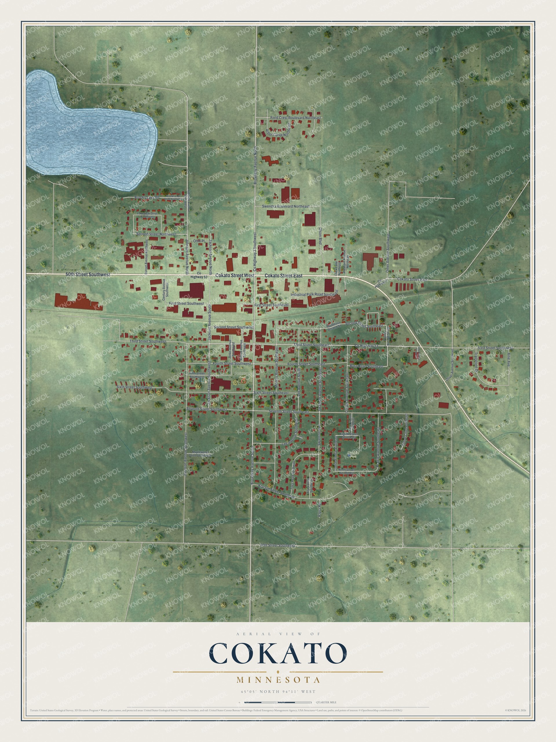 Full map of Cokato, Minnesota, with red buildings, printed street names and the land around them