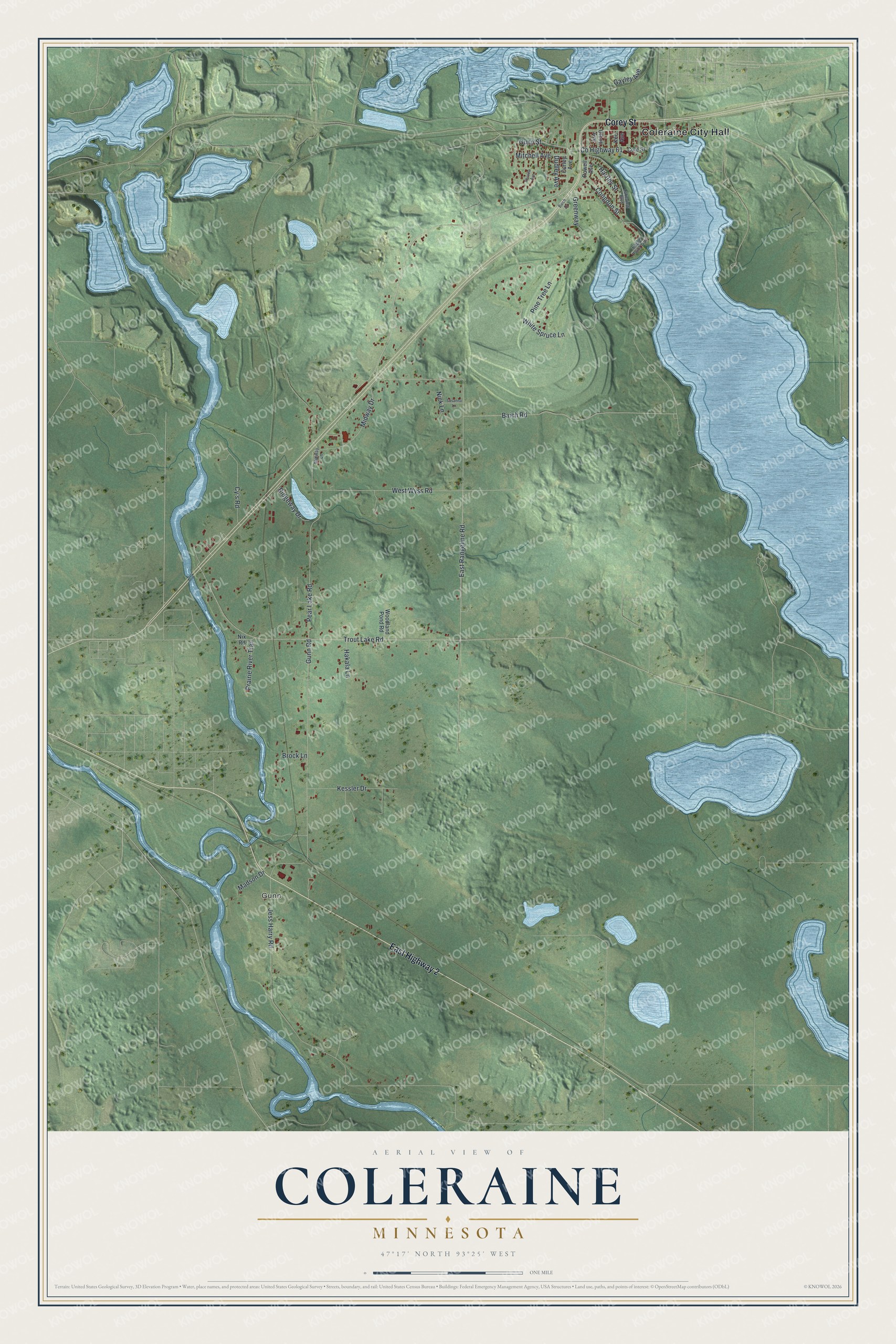 Full map of Coleraine, Minnesota, with red buildings, printed street names and the land around them