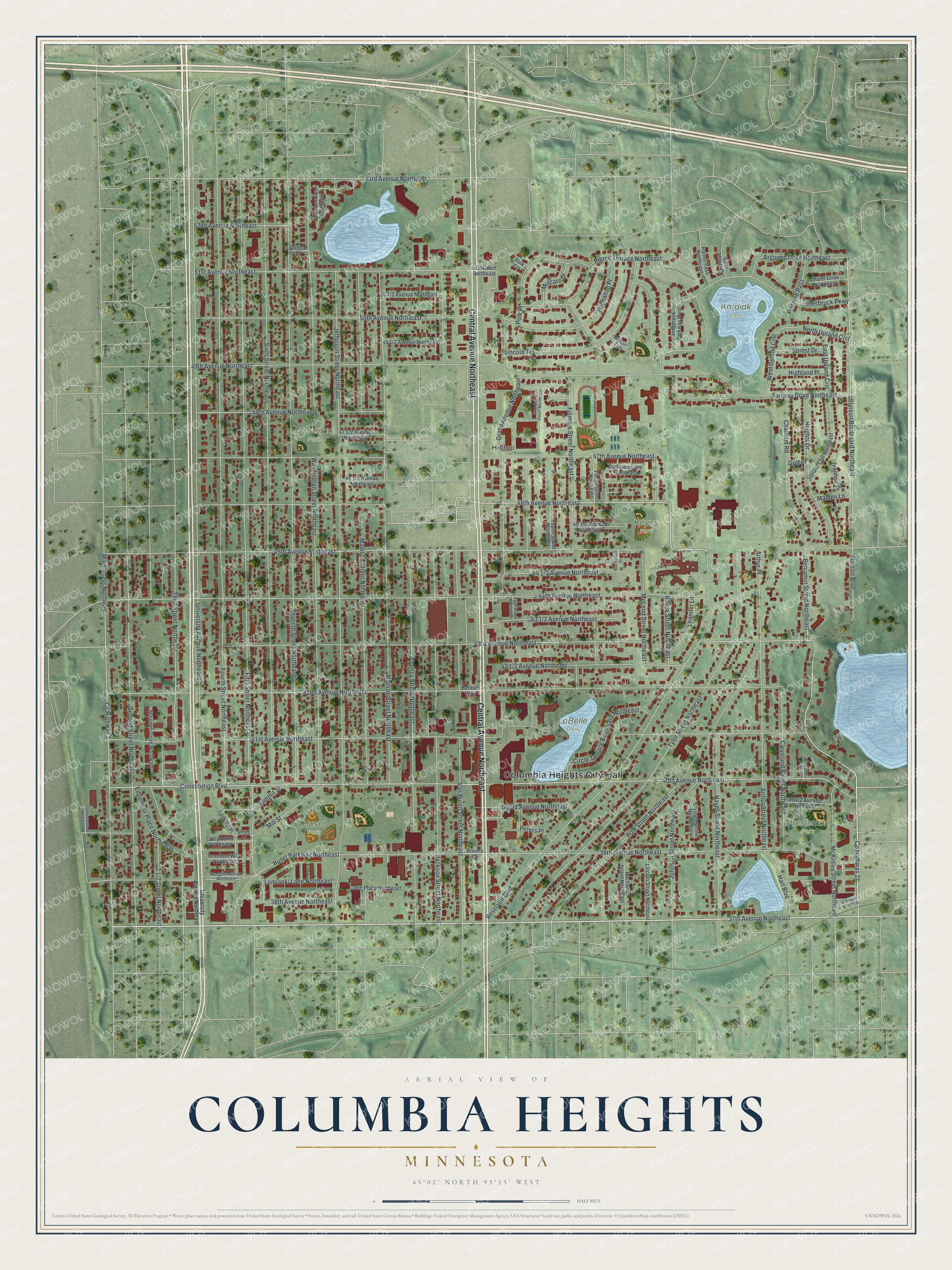 Full map of Columbia Heights, Minnesota, with red buildings, printed street names and the land around them