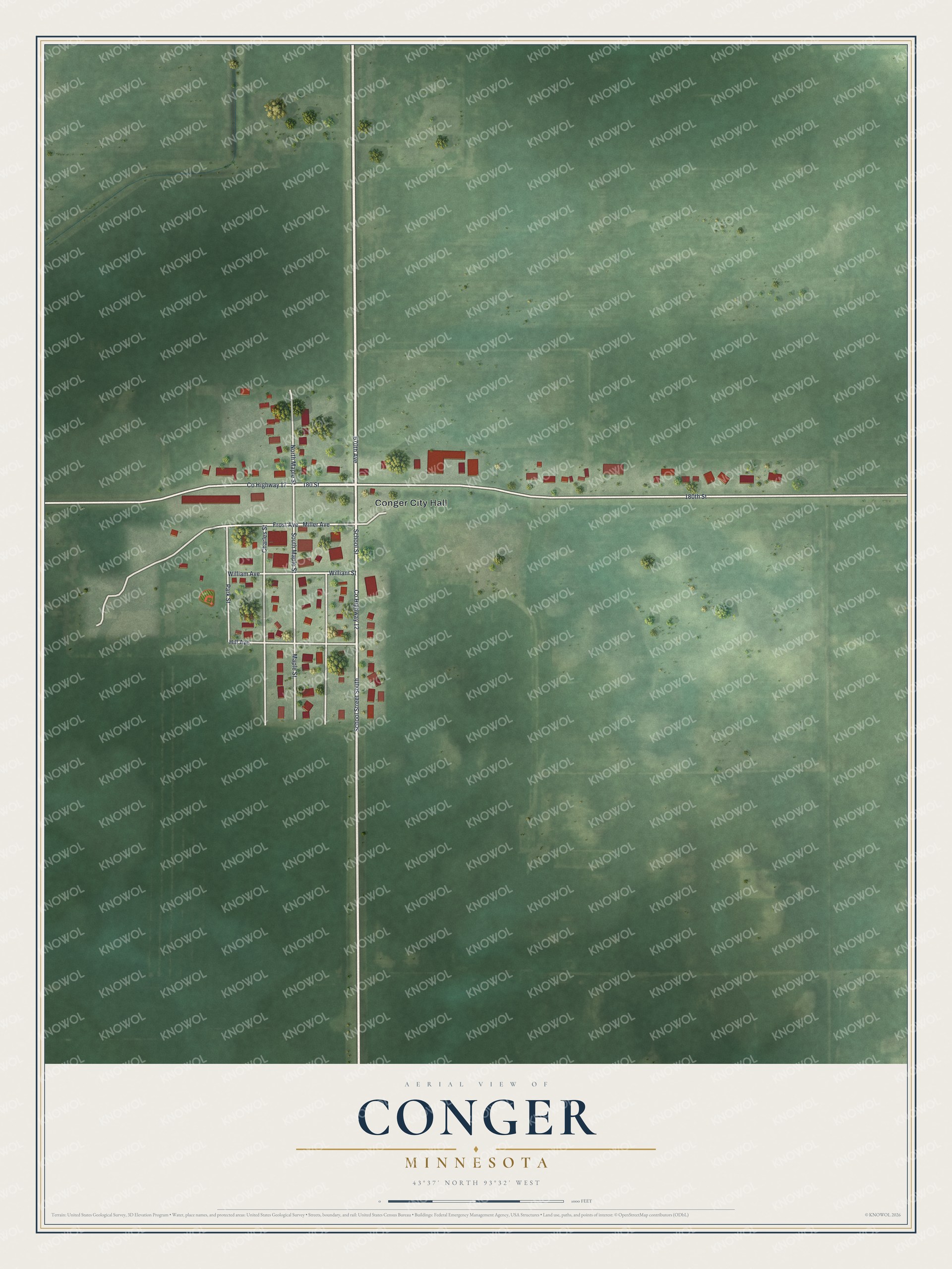 Full map of Conger, Minnesota, with red buildings, printed street names and the land around them