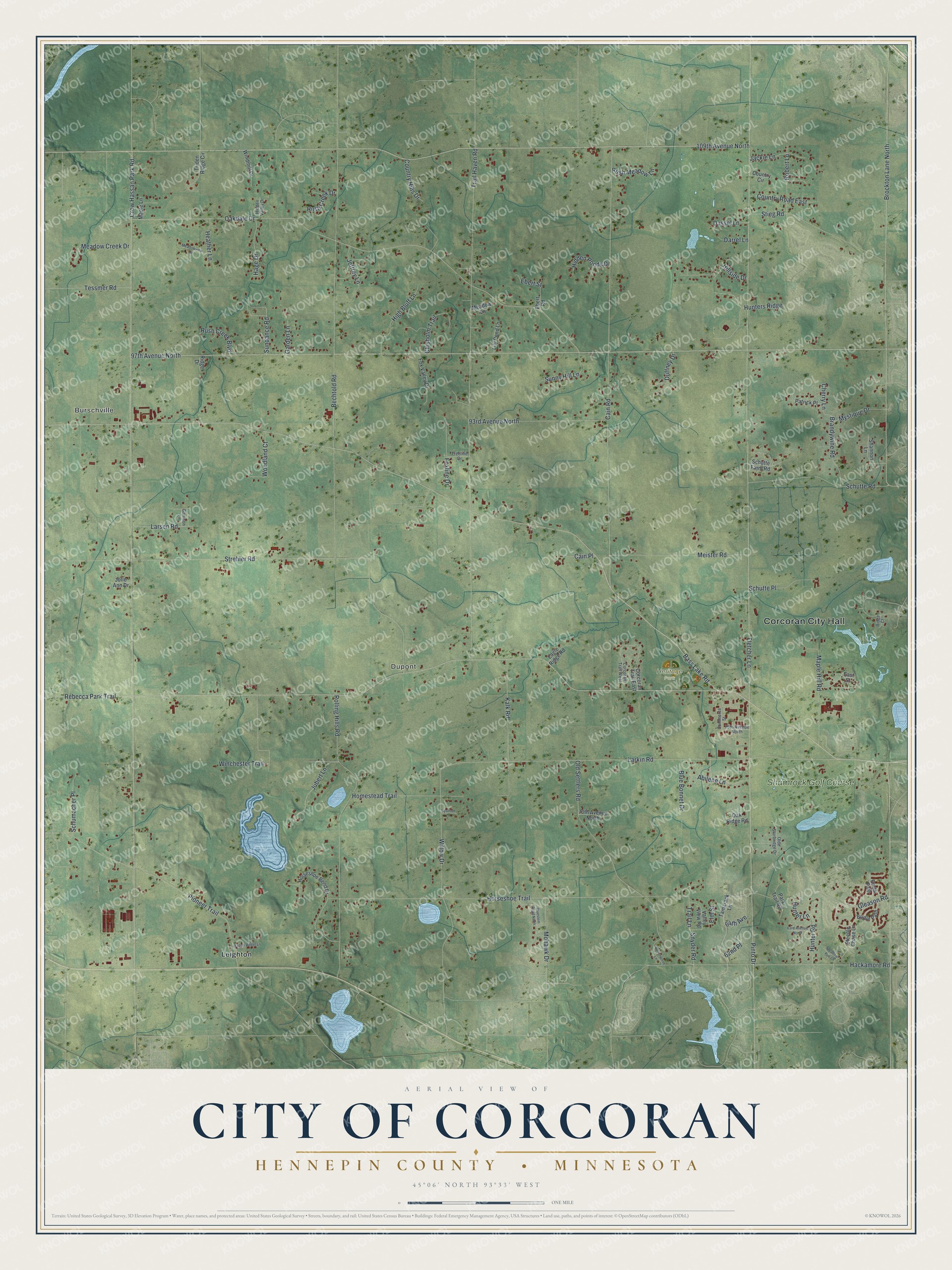 Full map of Corcoran, Minnesota, with red buildings, printed street names and the land around them