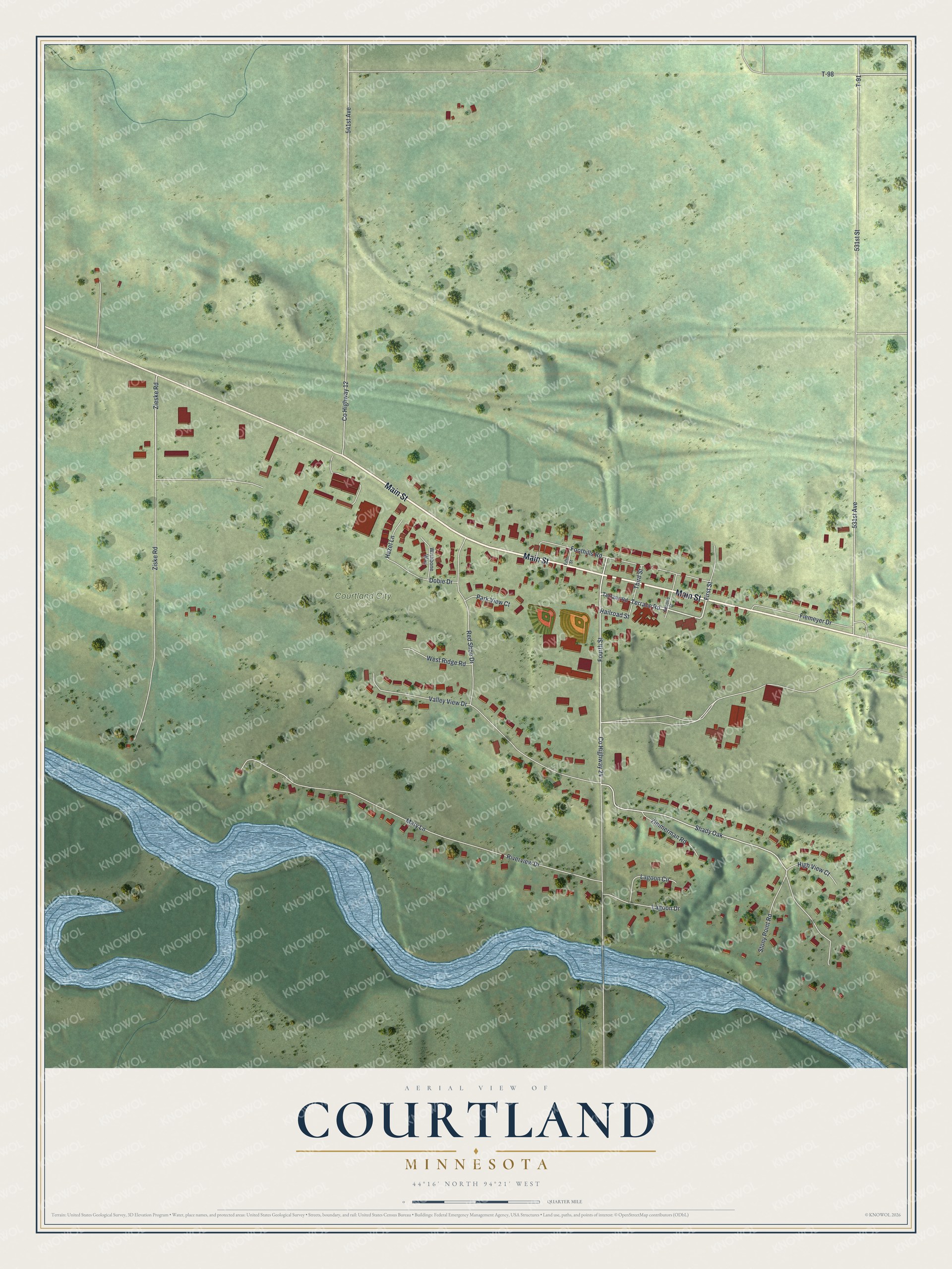 Full map of Courtland, Minnesota, with red buildings, printed street names and the land around them