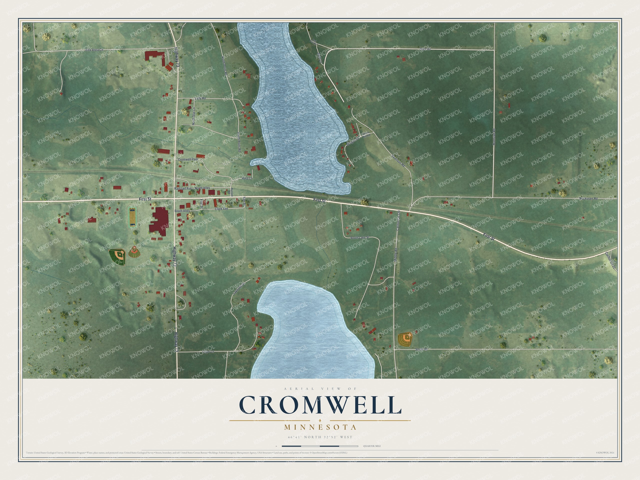 Full map of Cromwell, Minnesota, with red buildings, printed street names and the land around them