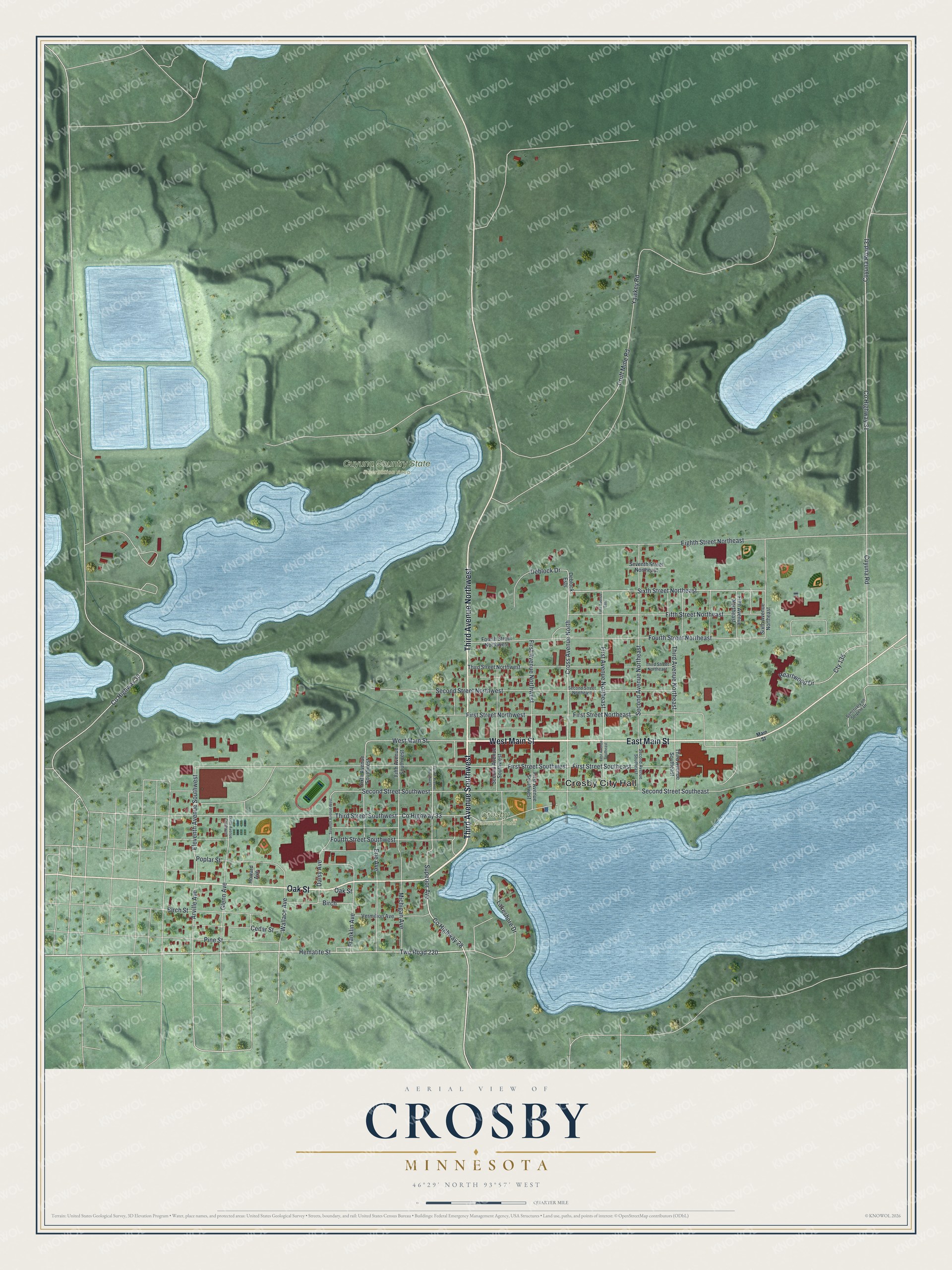 Full map of Crosby, Minnesota, with red buildings, printed street names and the land around them