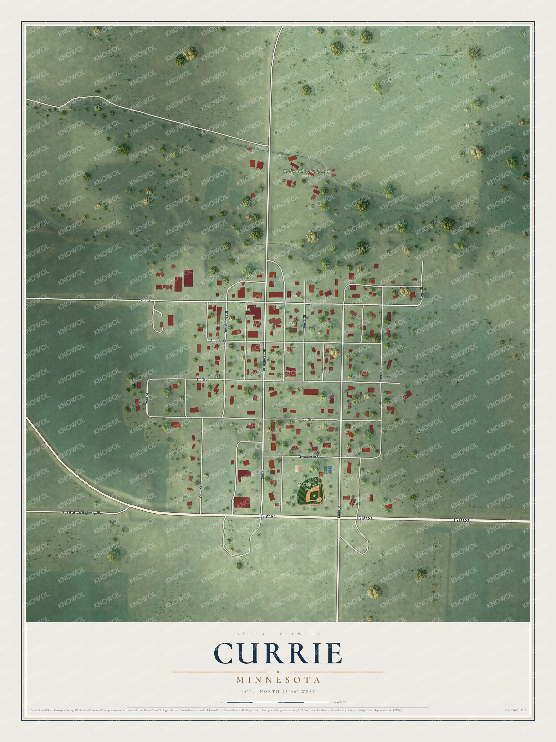 Full map of Currie, Minnesota, with red buildings, printed street names and the land around them