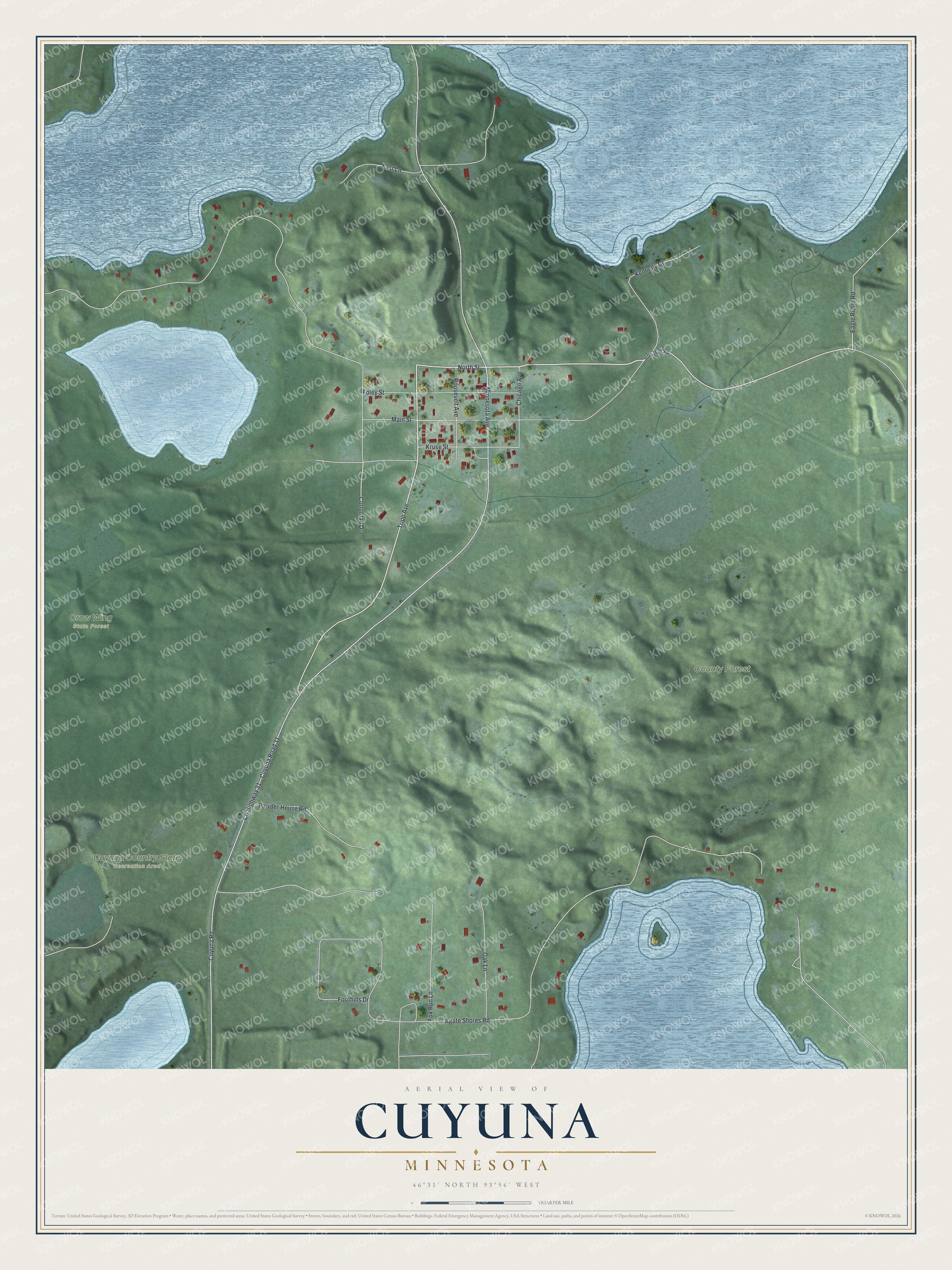 Full map of Cuyuna, Minnesota, with red buildings, printed street names and the land around them