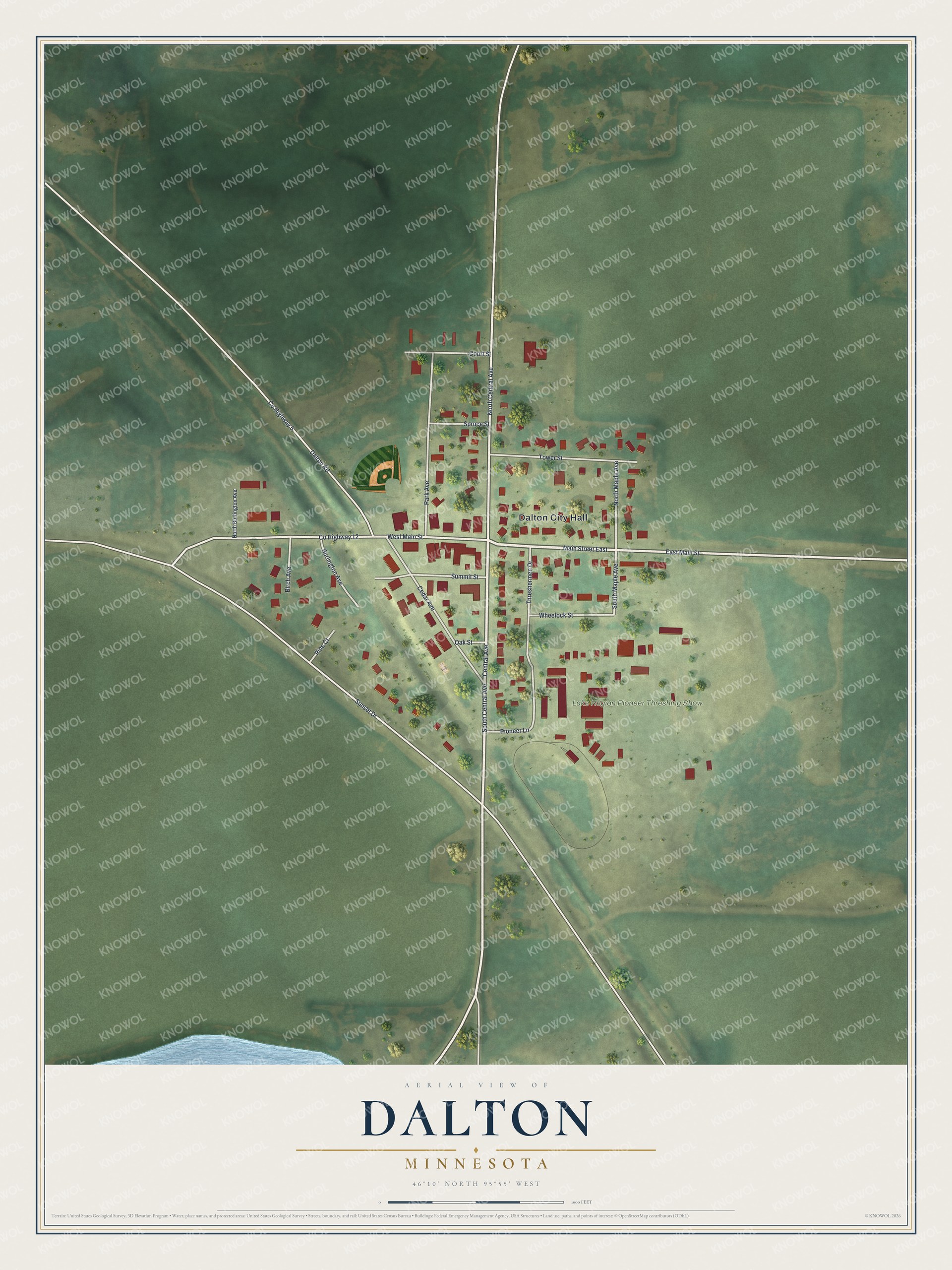 Full map of Dalton, Minnesota, with red buildings, printed street names and the land around them