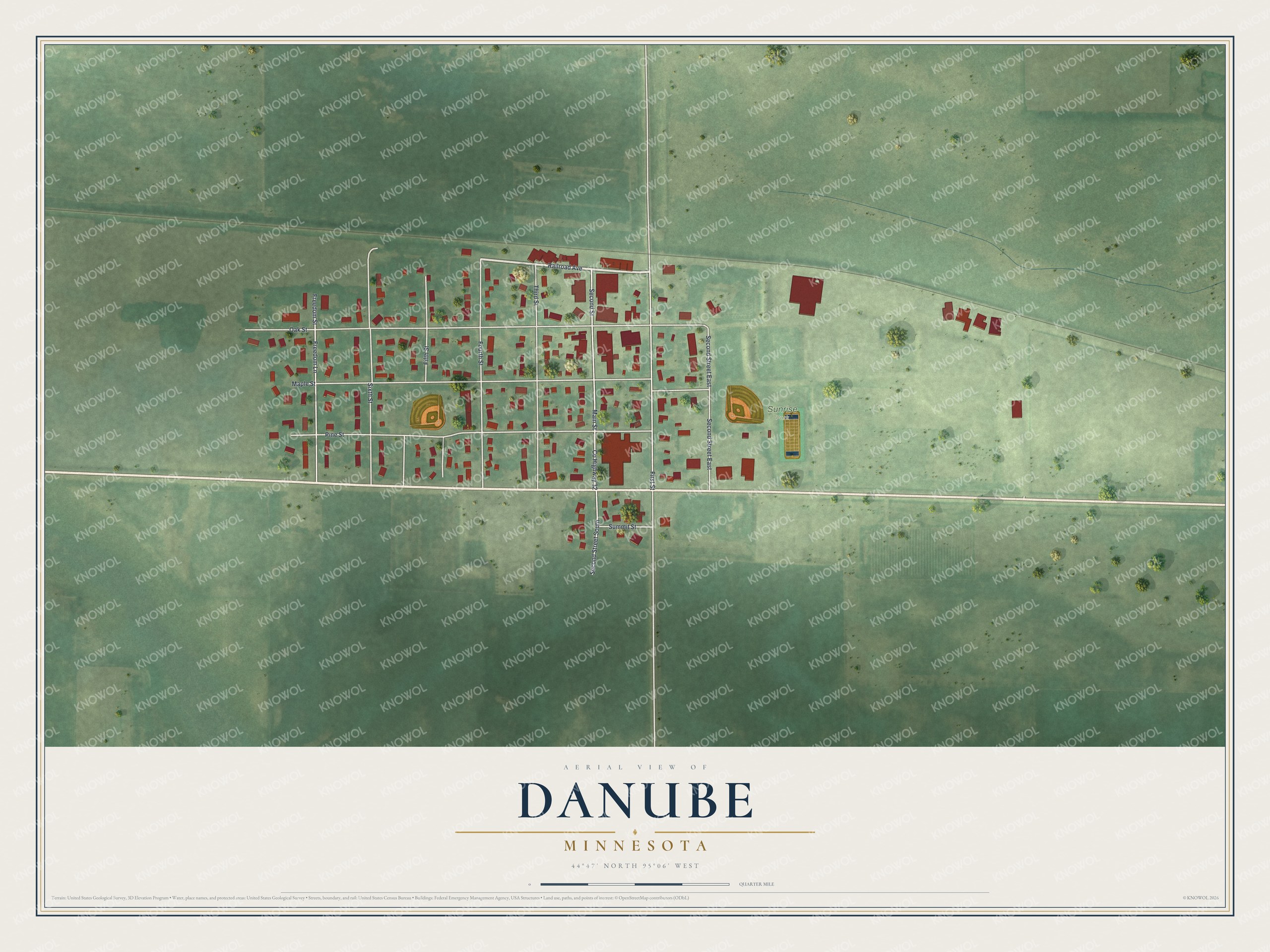 Full map of Danube, Minnesota, with red buildings, printed street names and the land around them