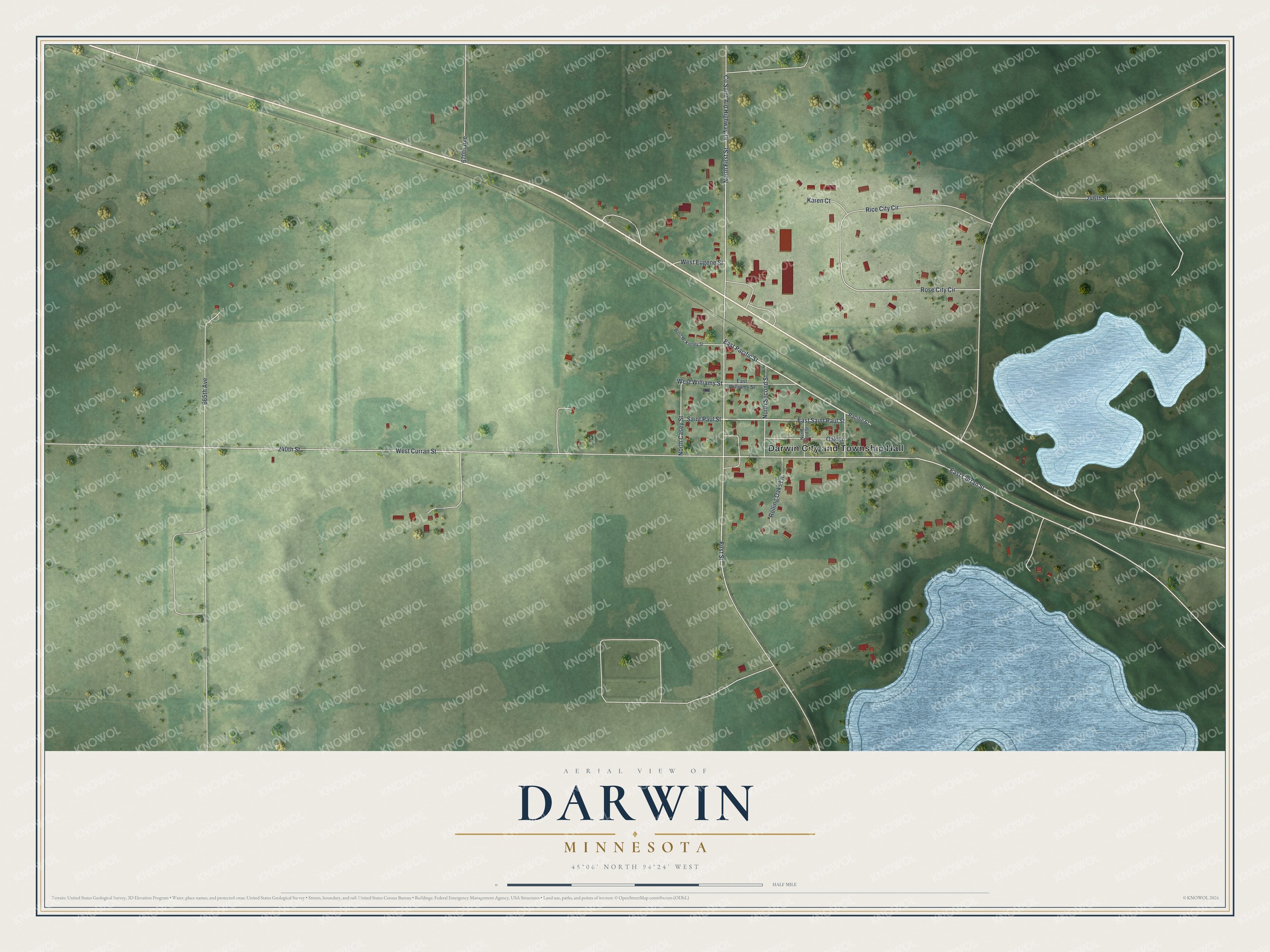 Full map of Darwin, Minnesota, with red buildings, printed street names and the land around them