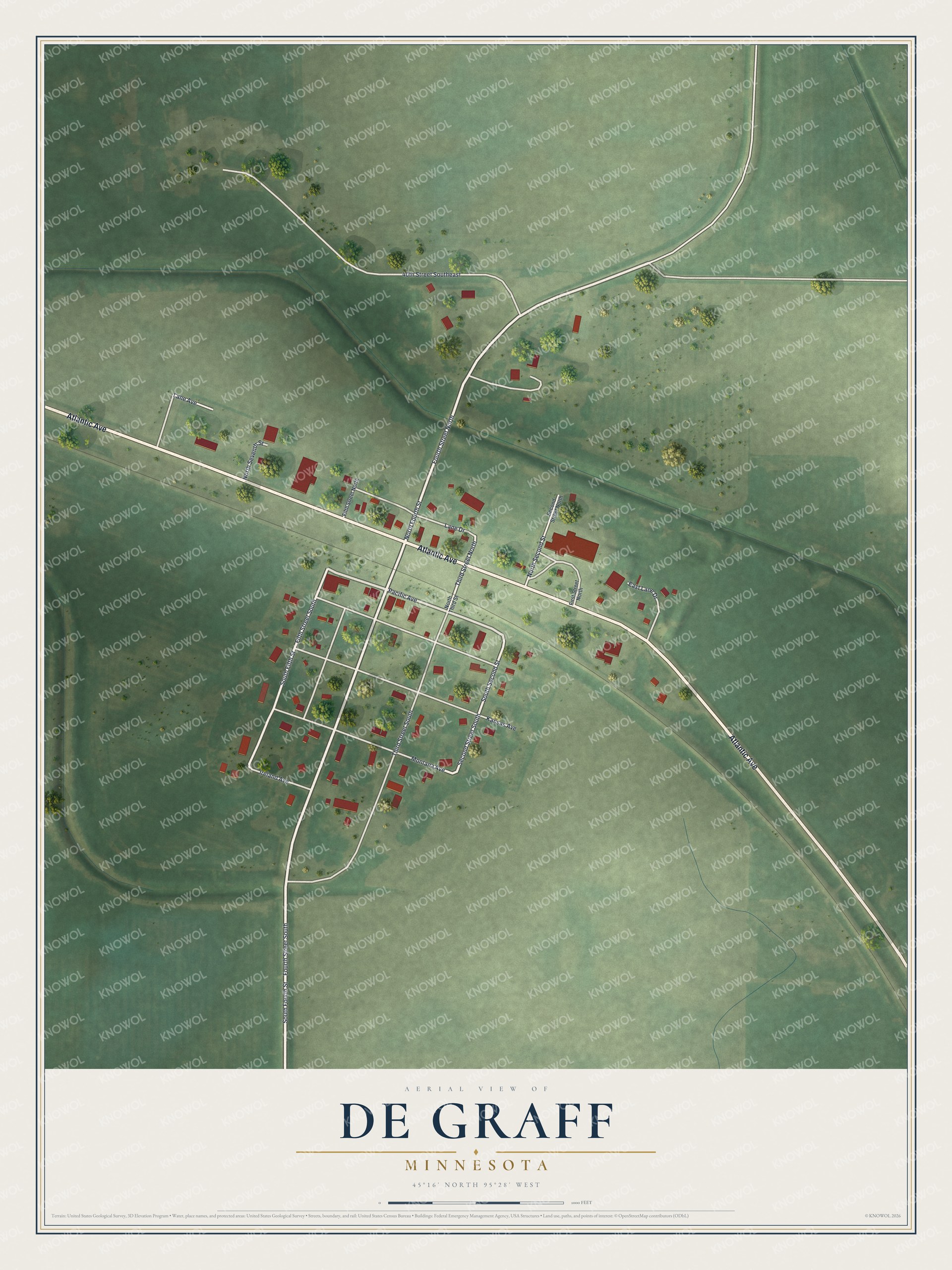 Full map of De Graff, Minnesota, with red buildings, printed street names and the land around them