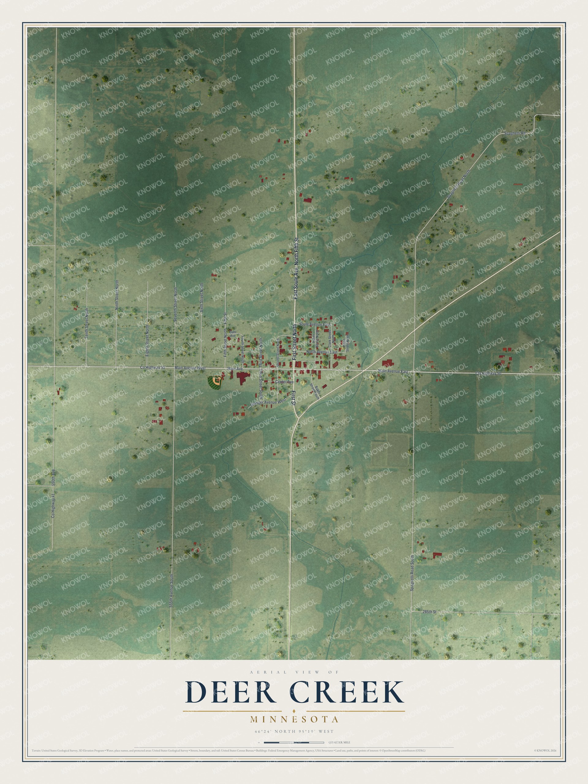 Full map of Deer Creek, Minnesota, with red buildings, printed street names and the land around them