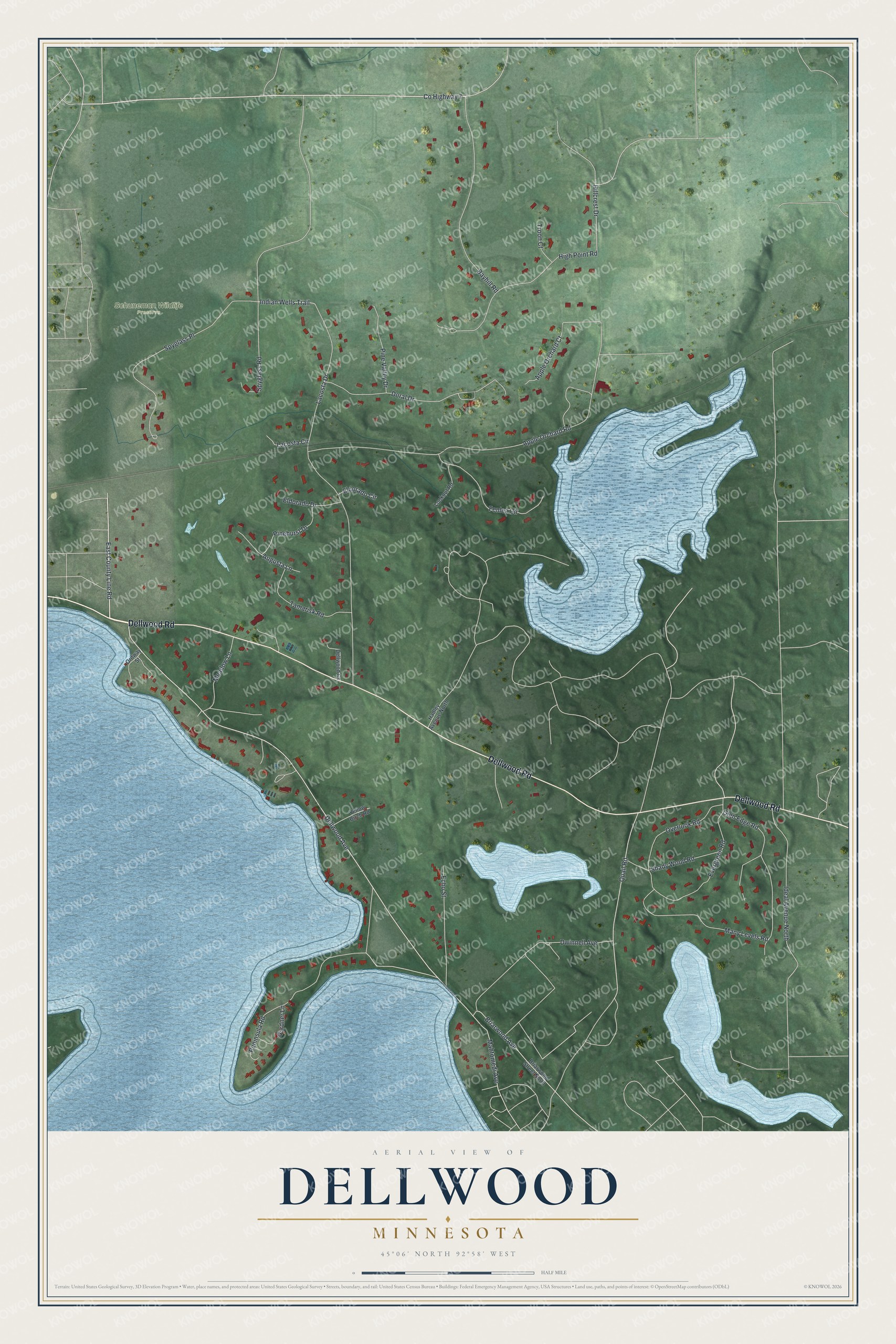 Full map of Dellwood, Minnesota, with red buildings, printed street names and the land around them