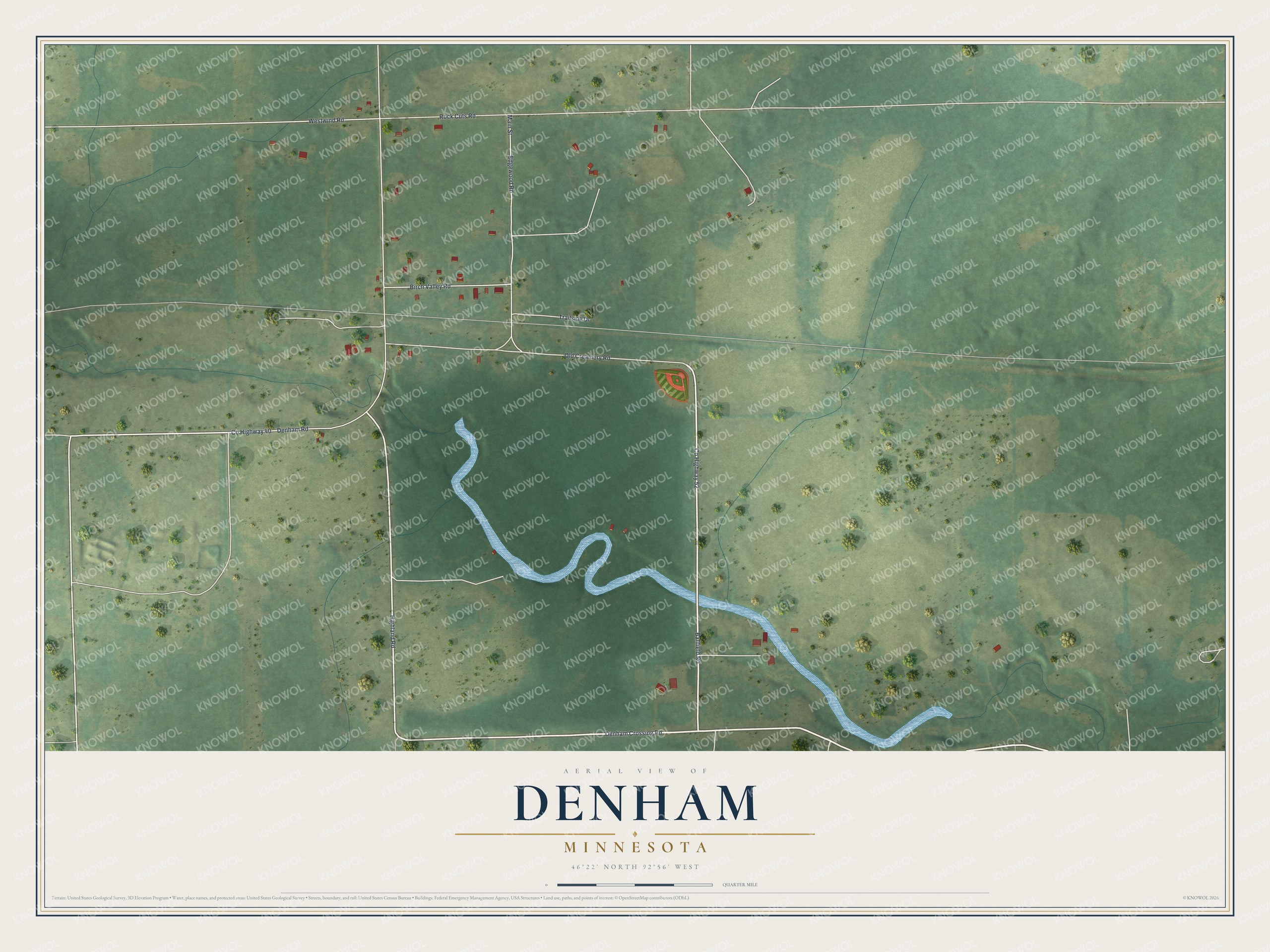 Full map of Denham, Minnesota, with red buildings, printed street names and the land around them