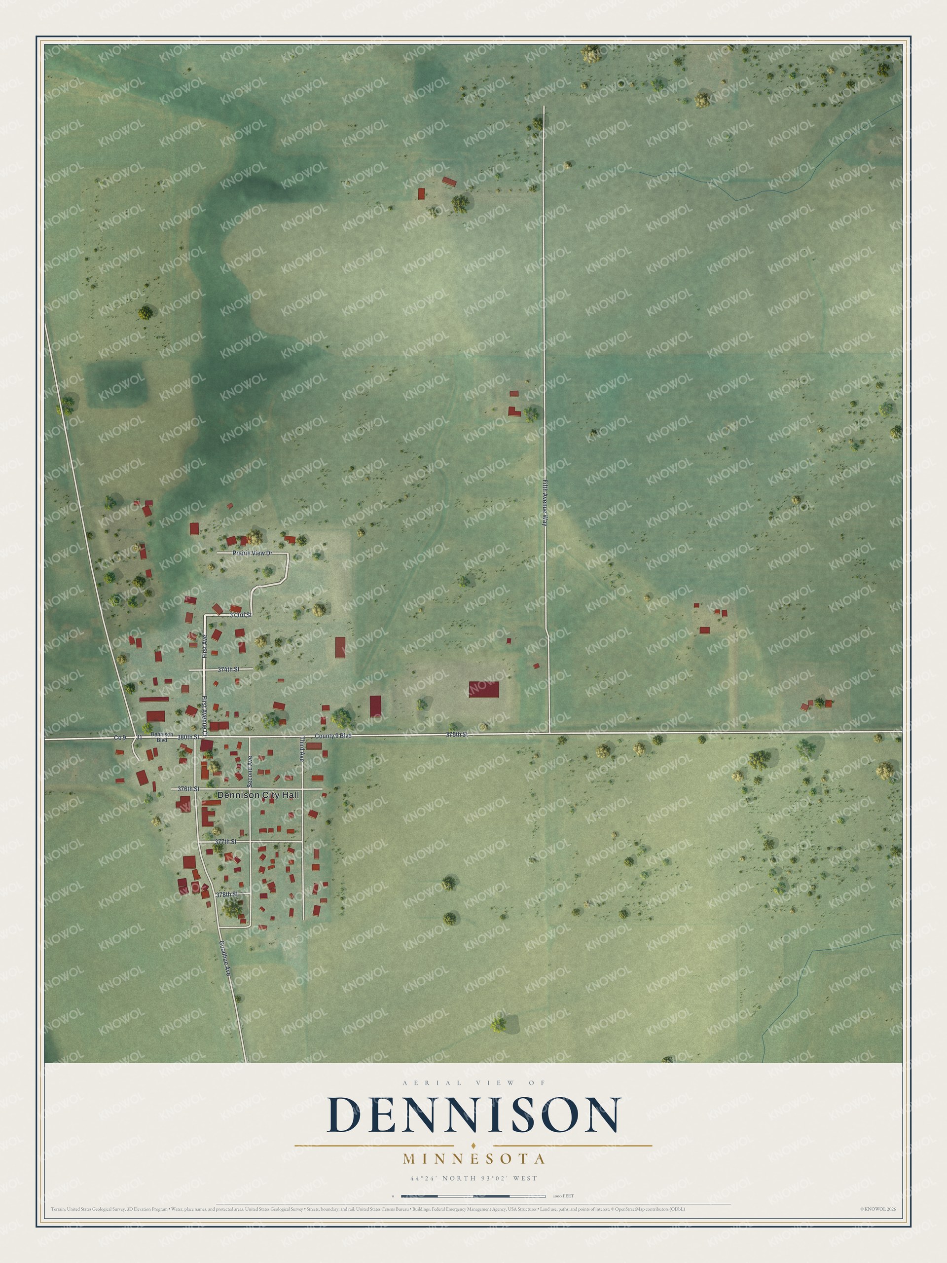 Full map of Dennison, Minnesota, with red buildings, printed street names and the land around them