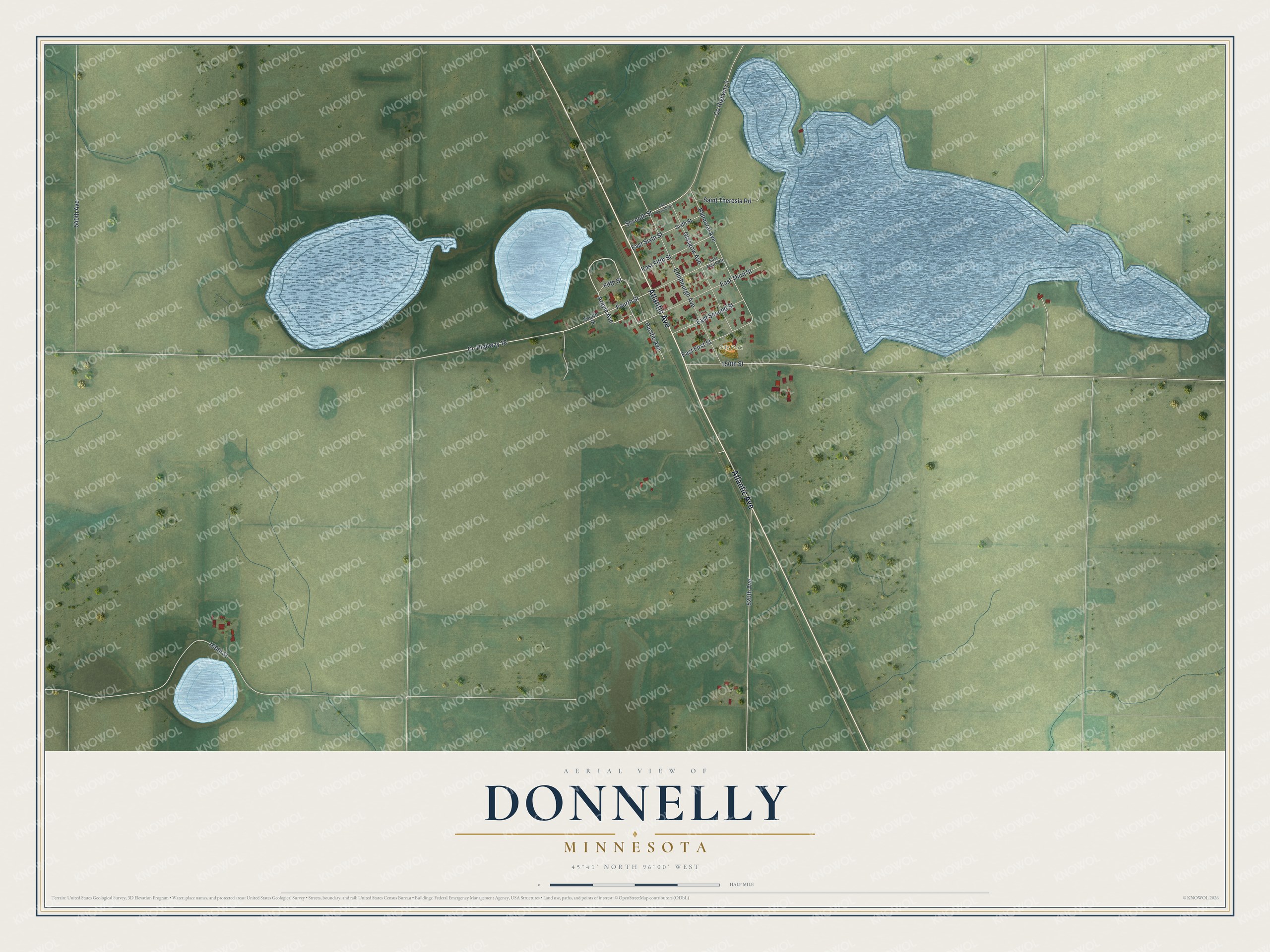 Full map of Donnelly, Minnesota, with red buildings, printed street names and the land around them