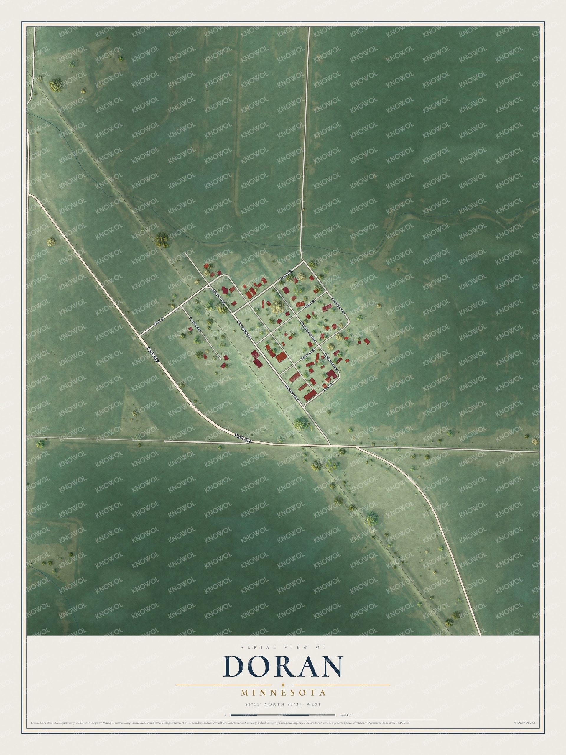 Full map of Doran, Minnesota, with red buildings, printed street names and the land around them