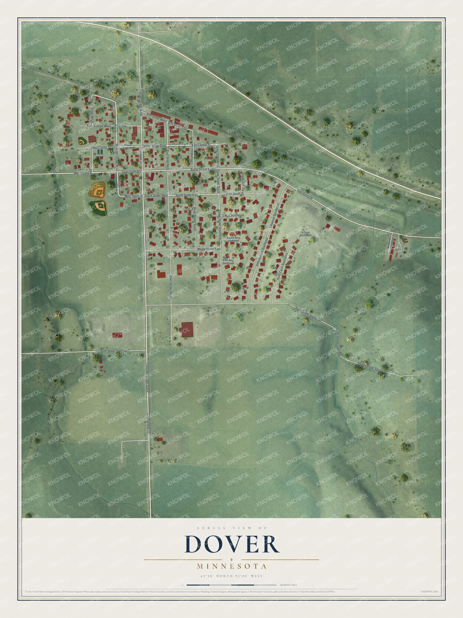 Full map of Dover, Minnesota, with red buildings, printed street names and the land around them