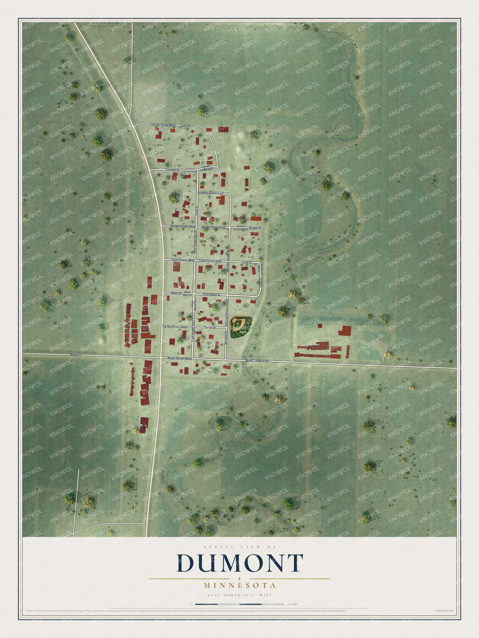 Full map of Dumont, Minnesota, with red buildings, printed street names and the land around them