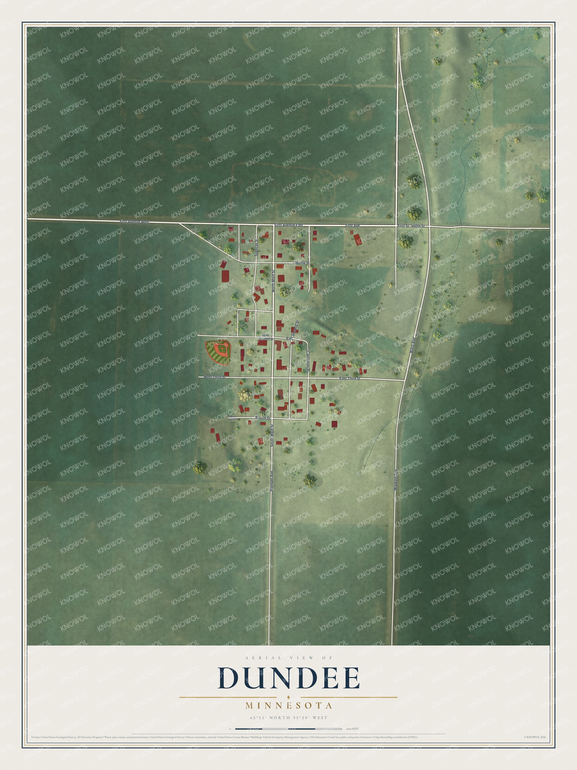 Full map of Dundee, Minnesota, with red buildings, printed street names and the land around them