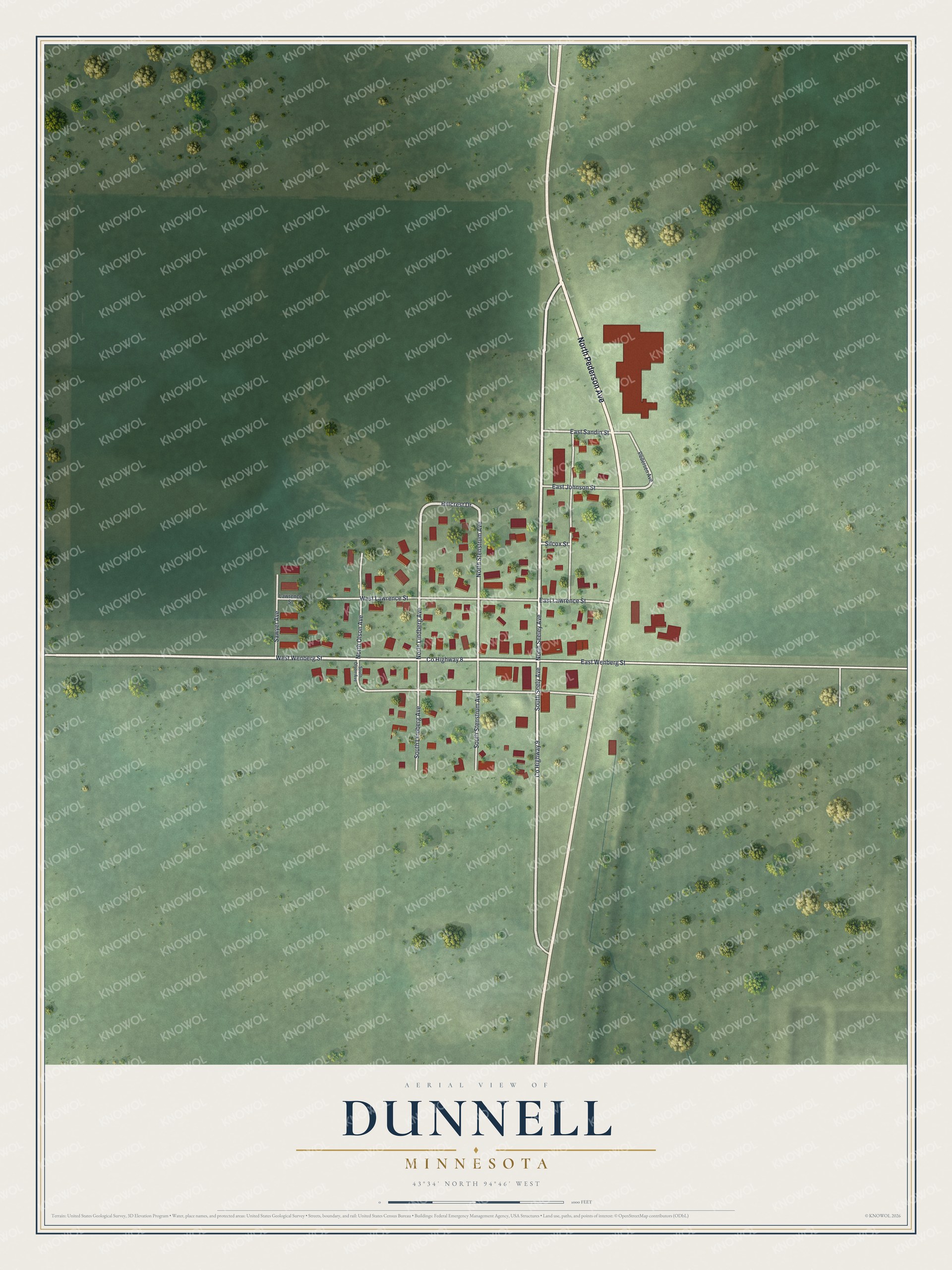 Full map of Dunnell, Minnesota, with red buildings, printed street names and the land around them