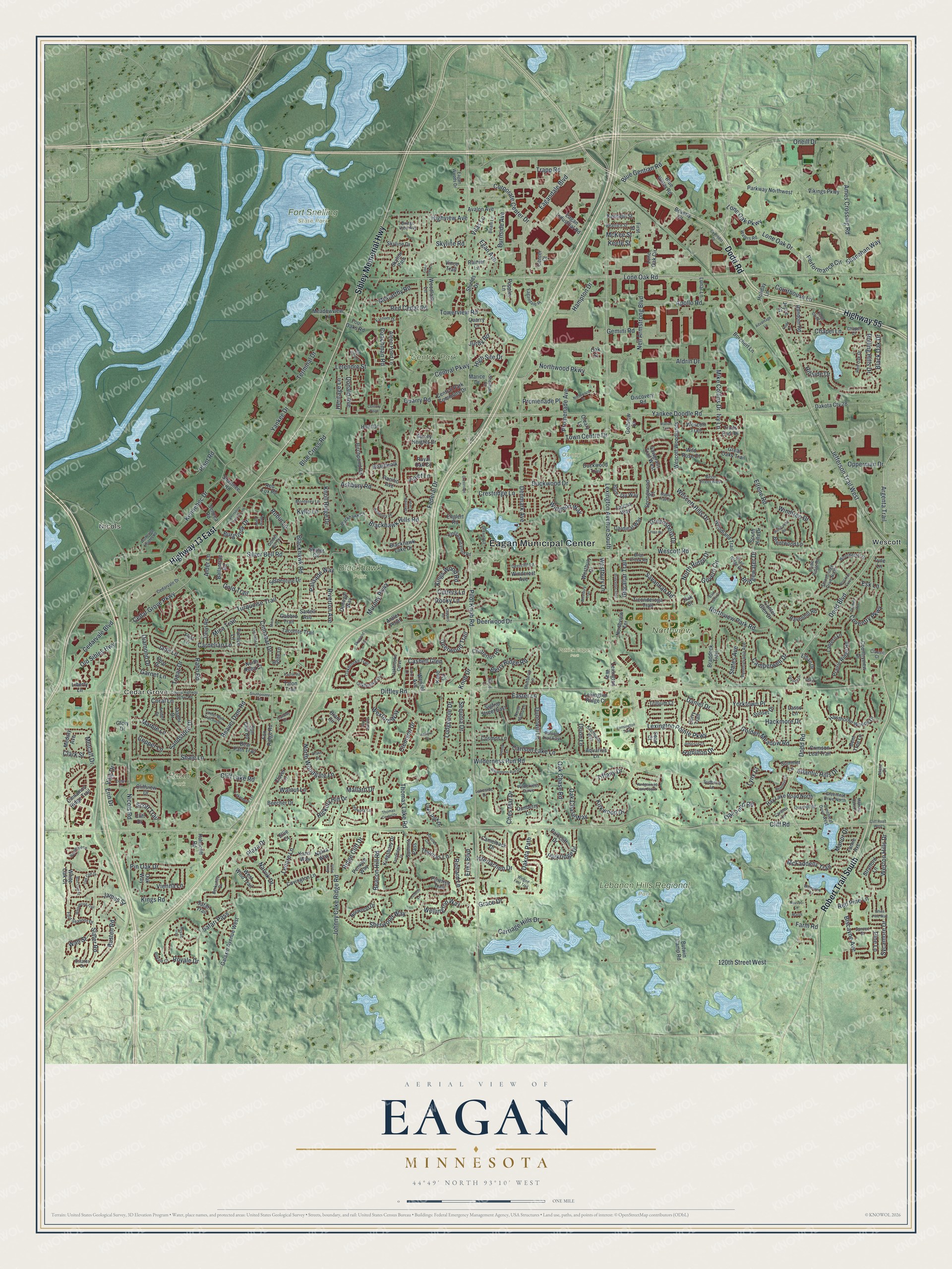 Full map of Eagan, Minnesota, with red buildings, printed street names and the land around them