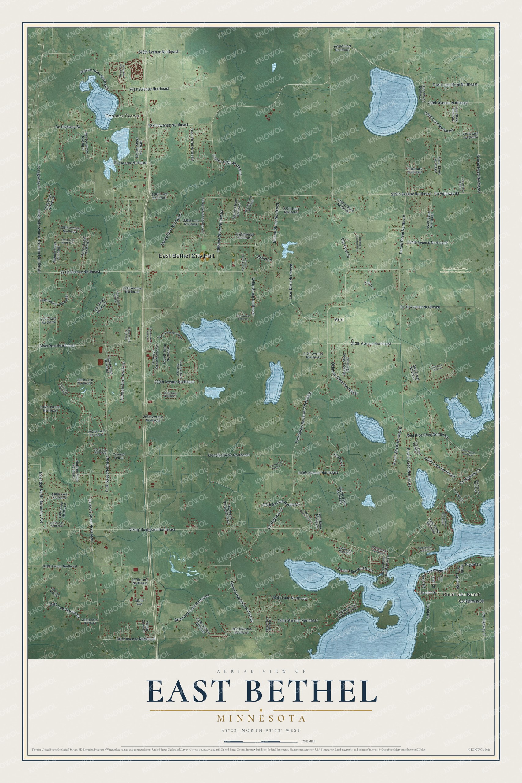 Full map of East Bethel, Minnesota, with red buildings, printed street names and the land around them