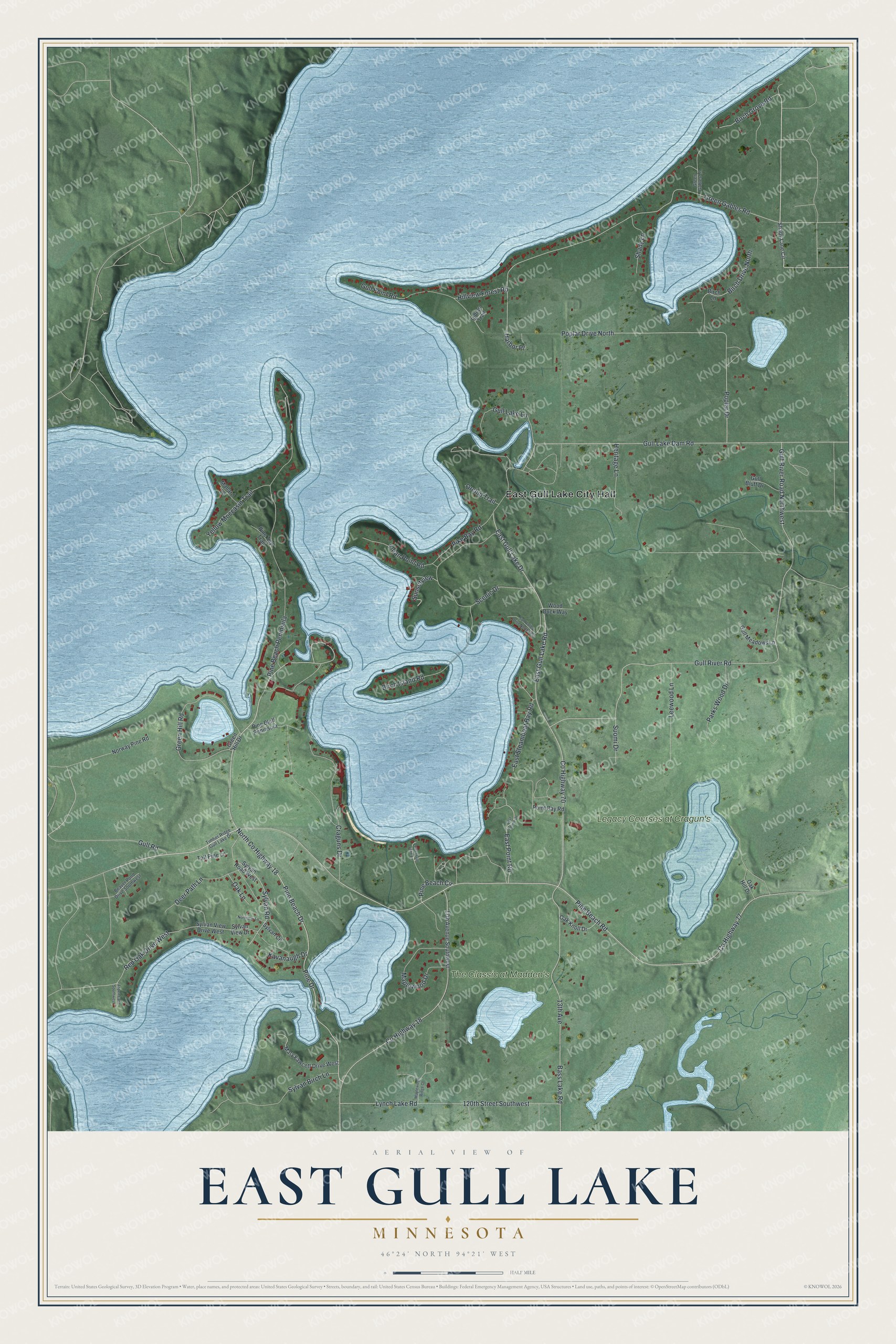 Full map of East Gull Lake, Minnesota, with red buildings, printed street names and the land around them