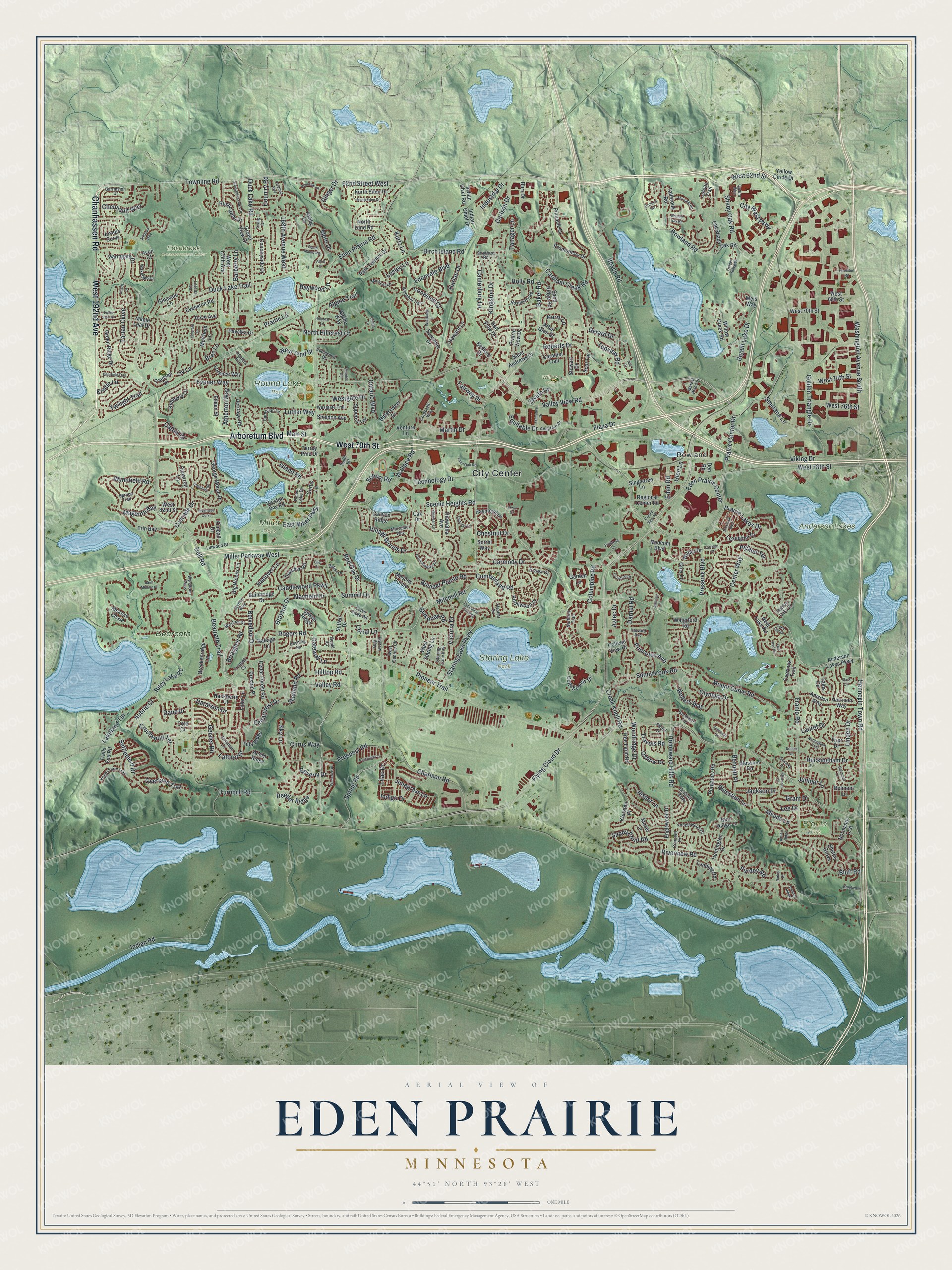 Full map of Eden Prairie, Minnesota, with red buildings, printed street names and the land around them