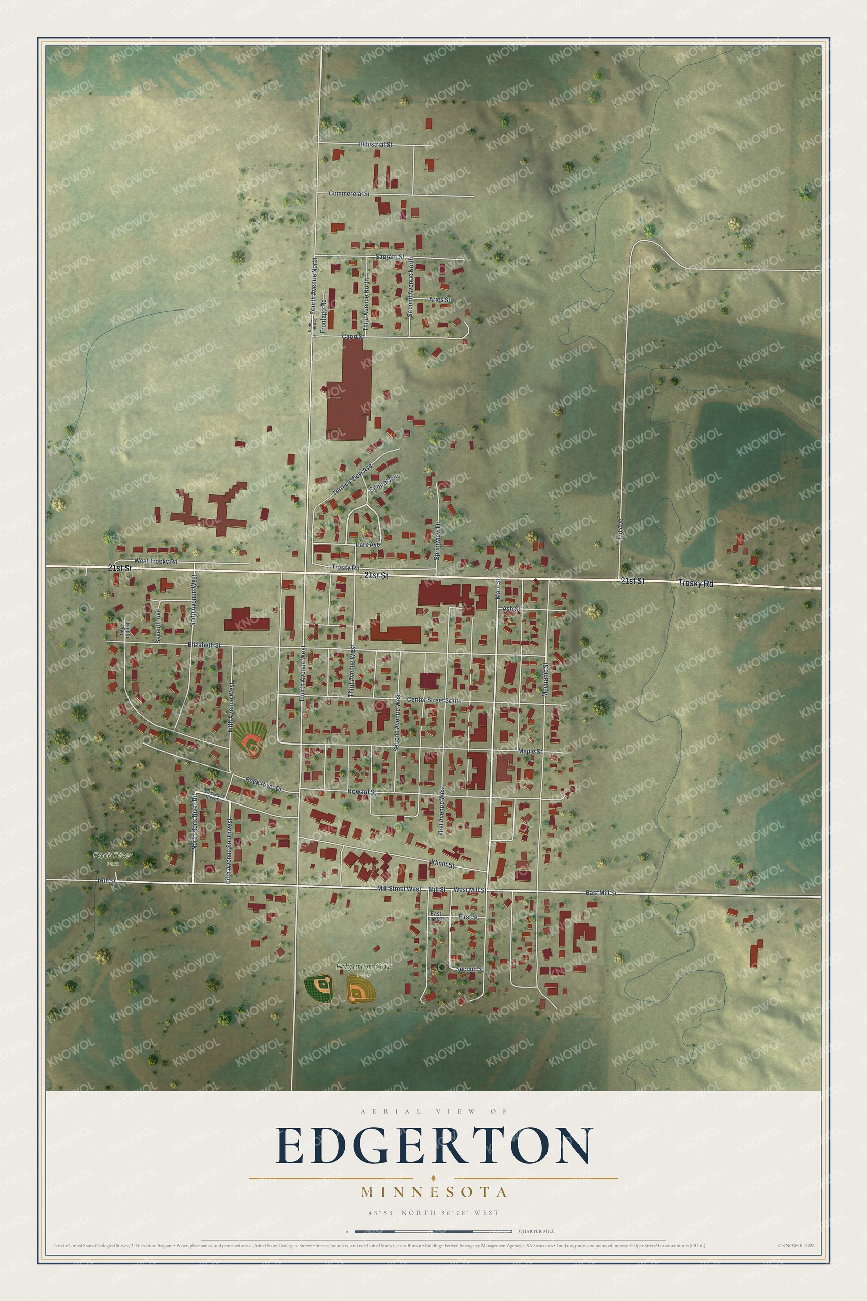 Full map of Edgerton, Minnesota, with red buildings, printed street names and the land around them