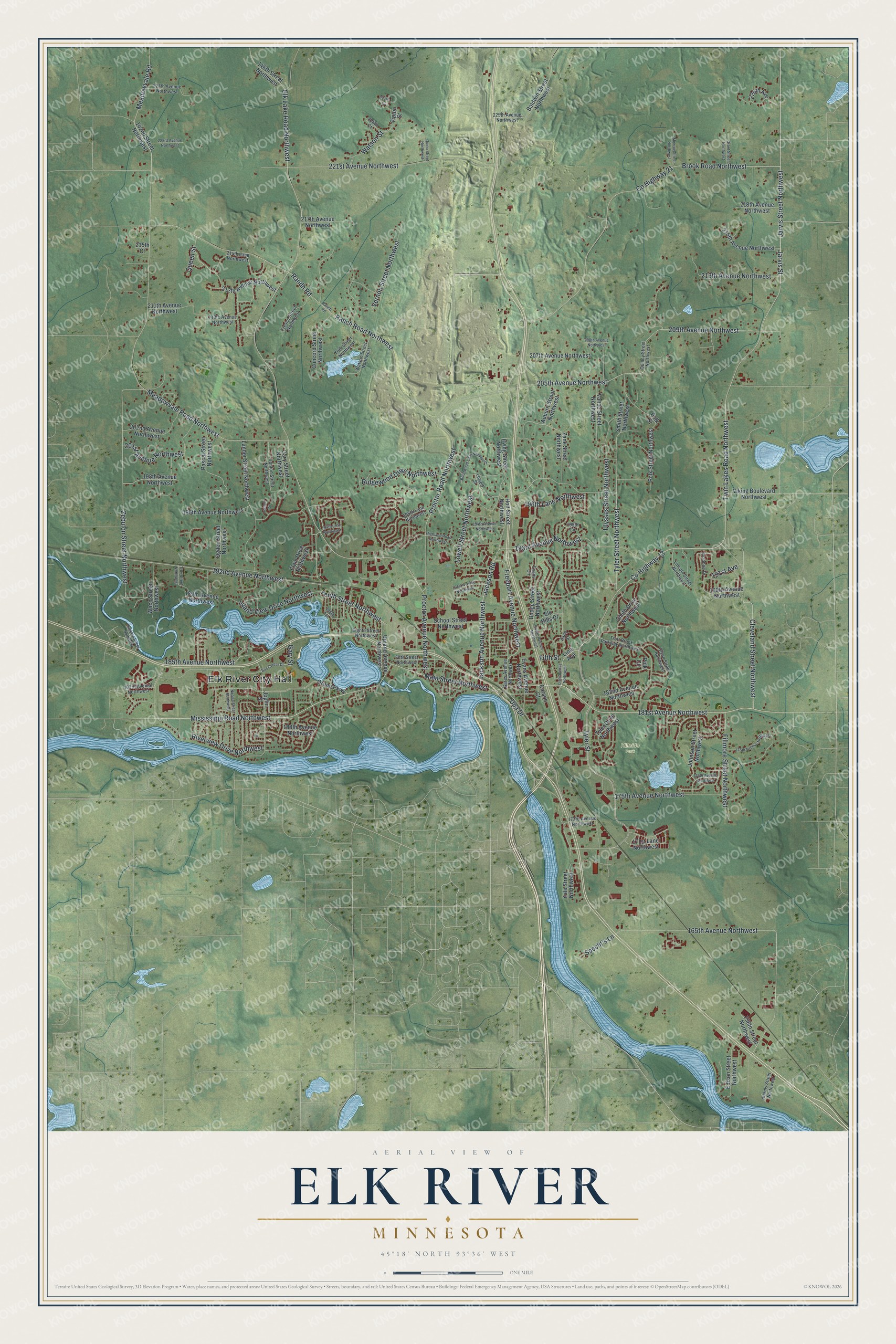Full map of Elk River, Minnesota, with red buildings, printed street names and the land around them