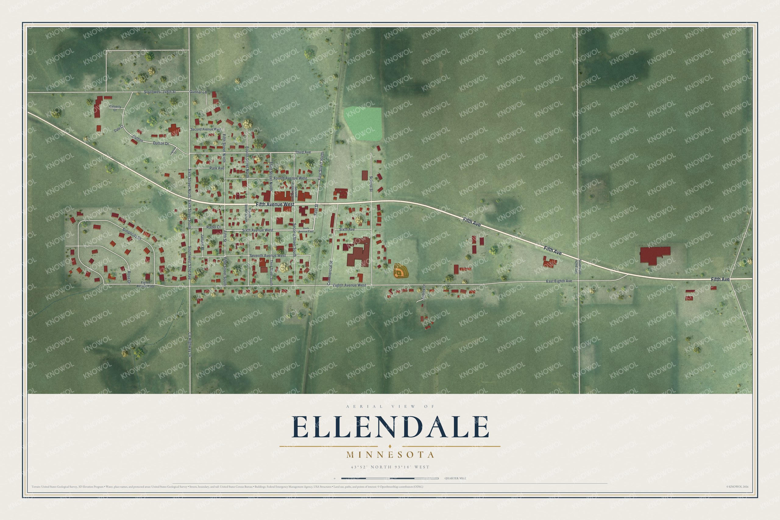 Full map of Ellendale, Minnesota, with red buildings, printed street names and the land around them