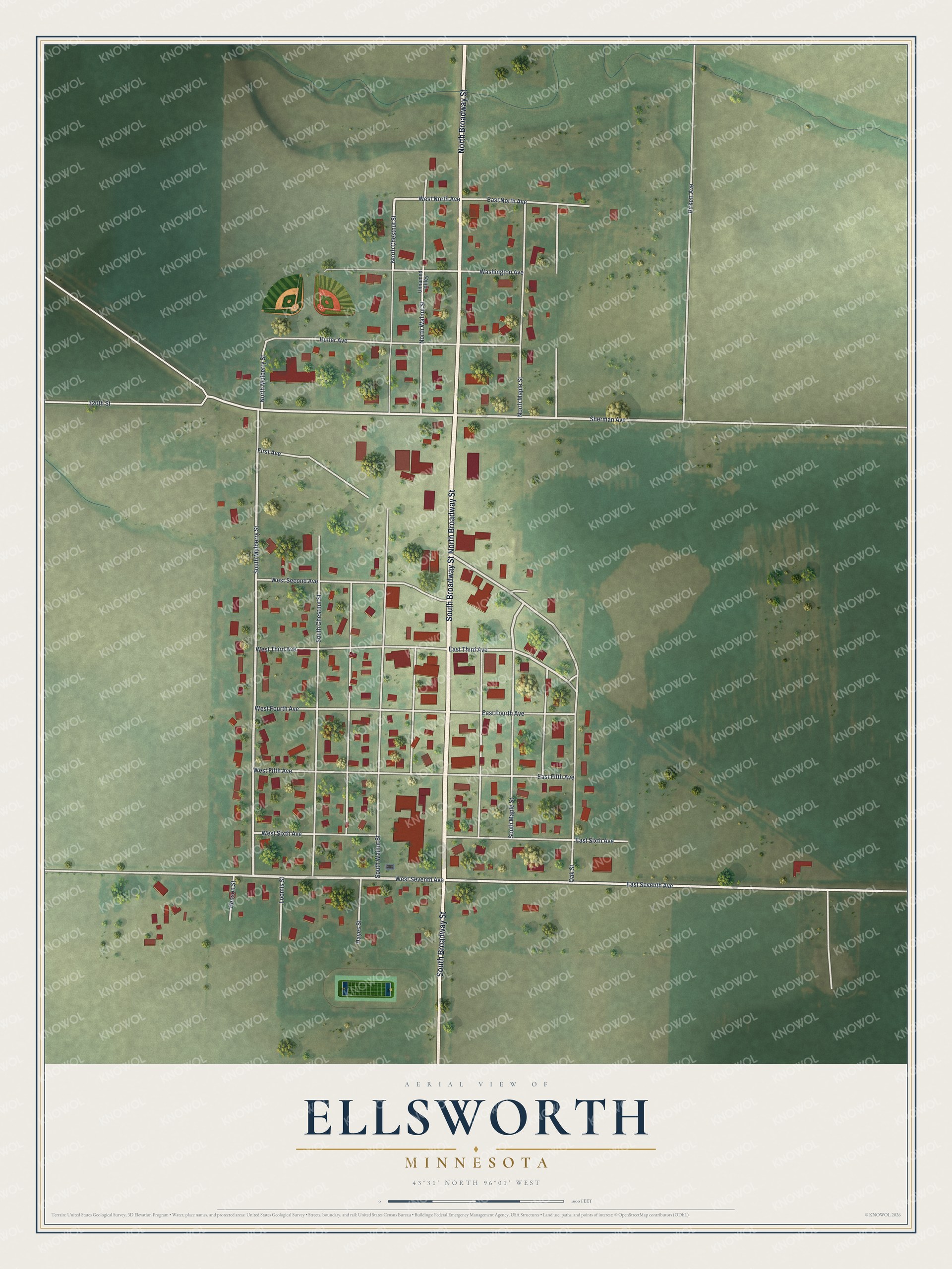 Full map of Ellsworth, Minnesota, with red buildings, printed street names and the land around them