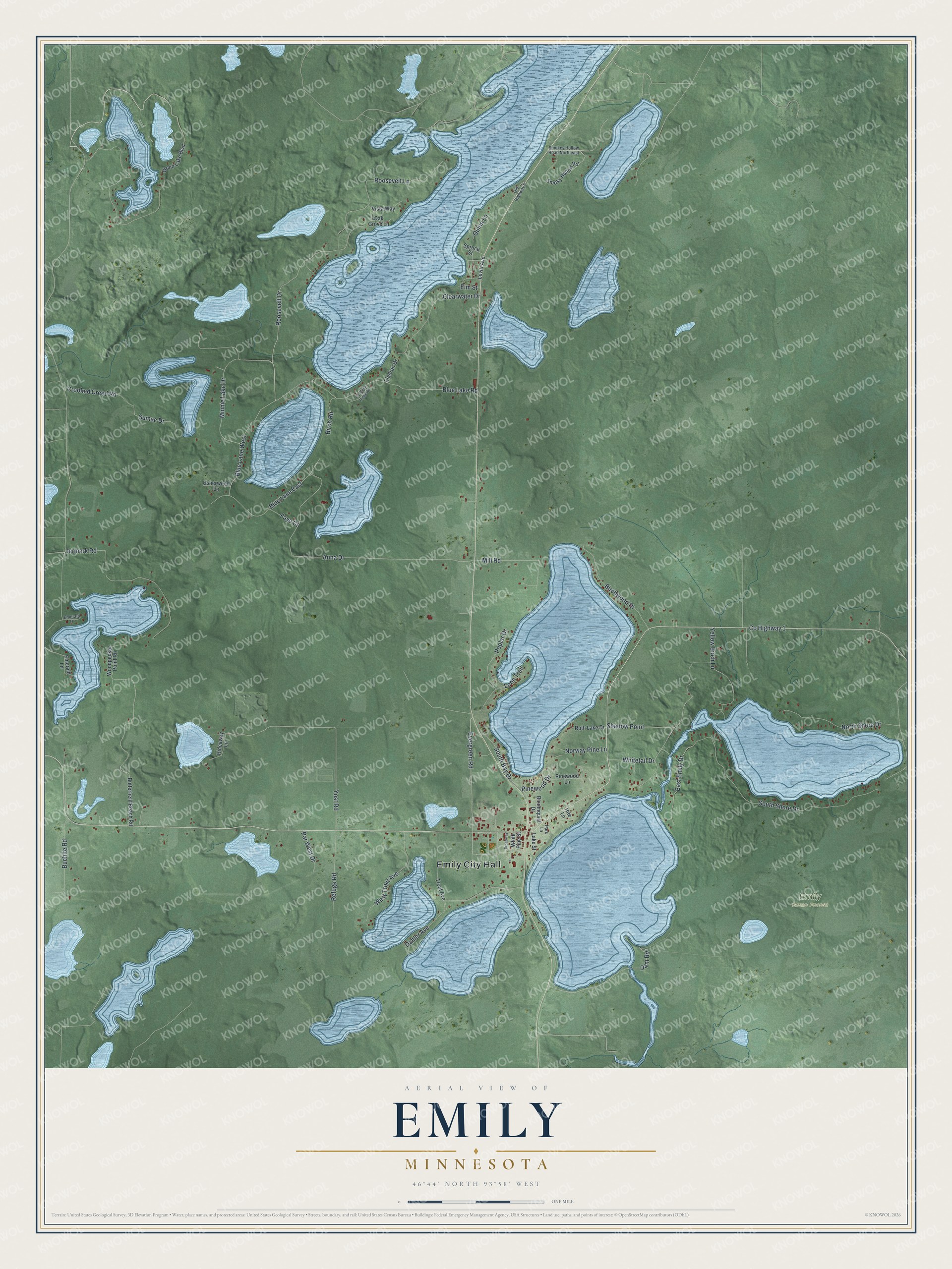 Full map of Emily, Minnesota, with red buildings, printed street names and the land around them